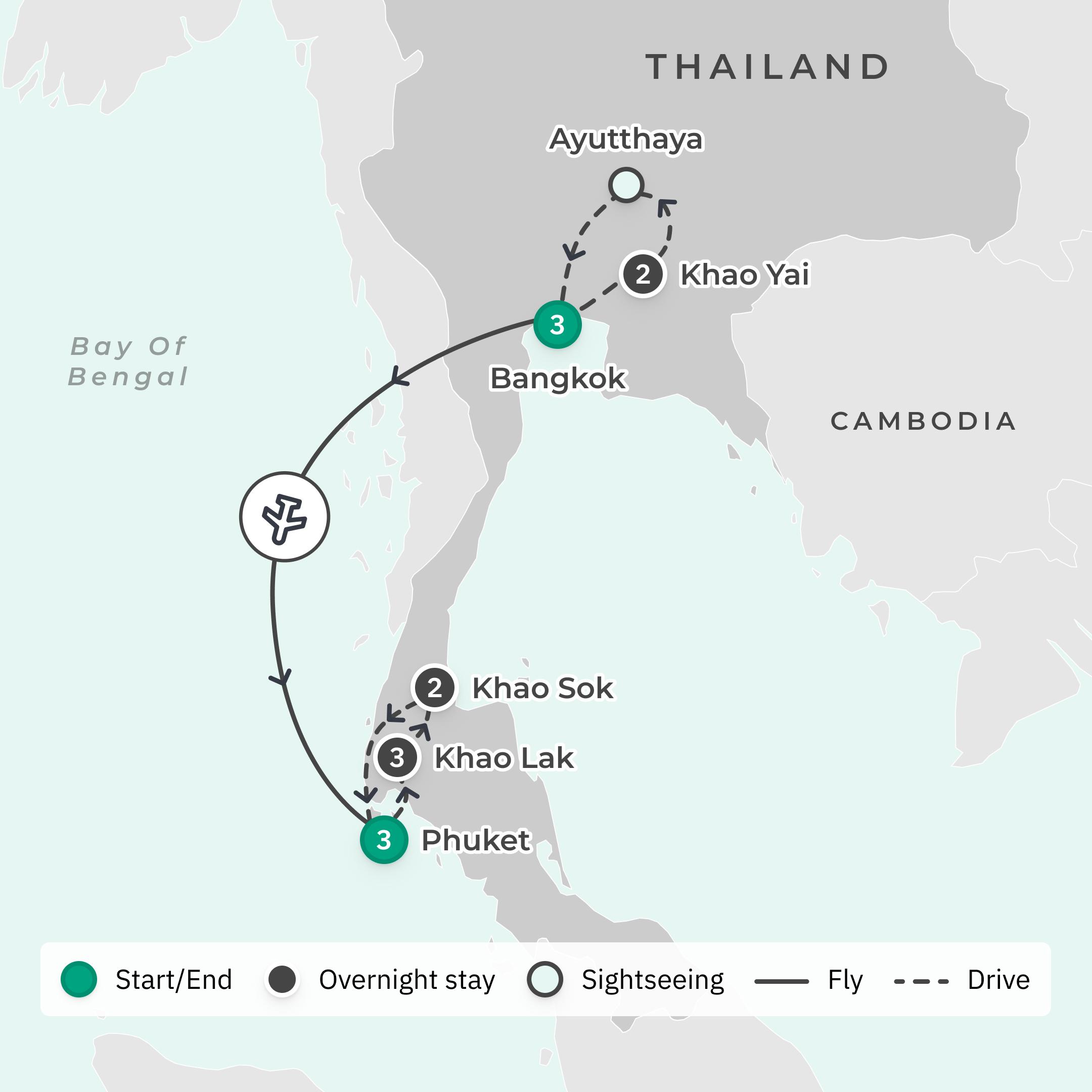 Deluxe 14-Day Southern Thailand Natural Wonders Discovery 2026 with Bangkok, Khao Sok & Phuket route map