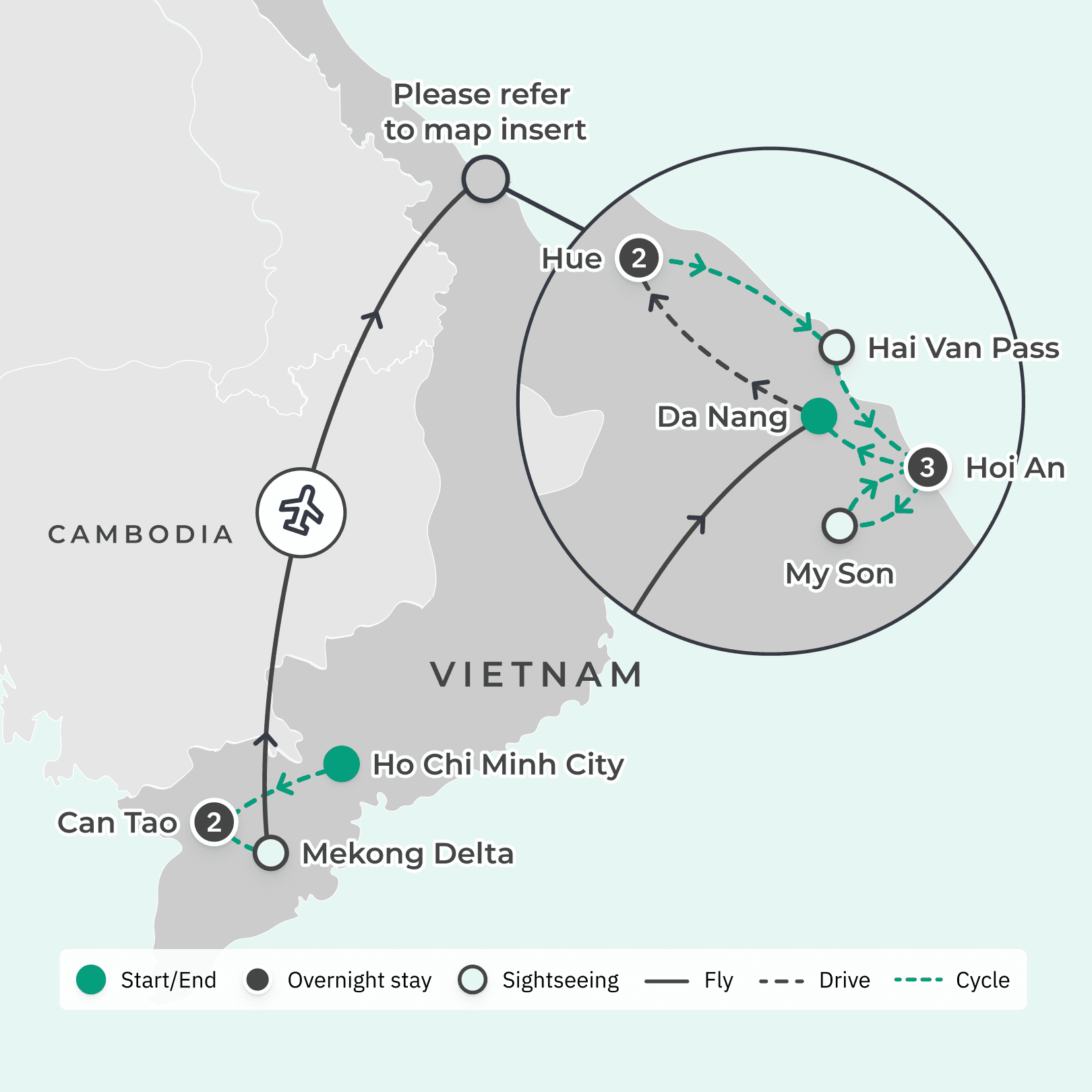 Vietnam E-Bike Cycling Tour with Hai Van Pass & Hue Imperial City Tour route map