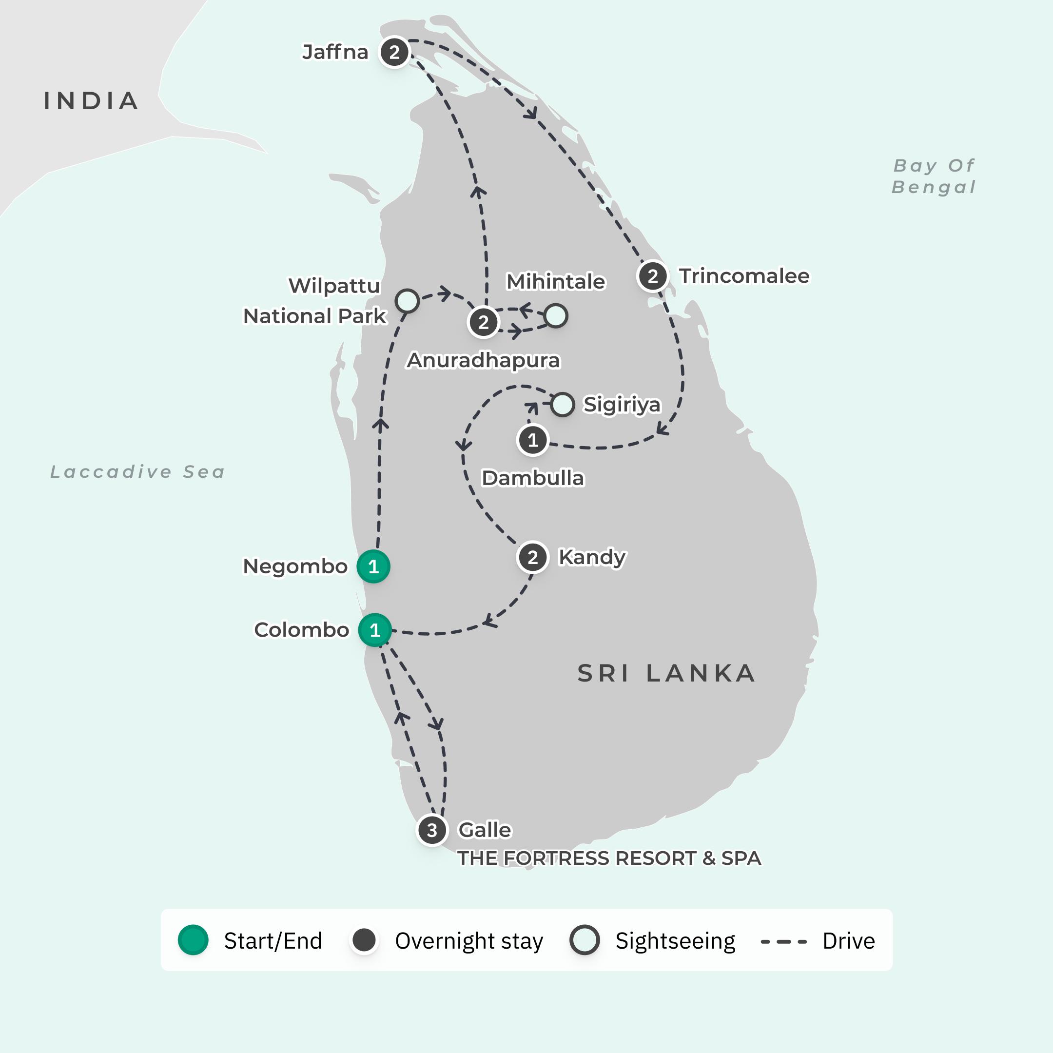 Limited Time Offer: 12-Day Discover Northern Sri Lanka + 3-Night Galle Stay at The Fortress Resort & Spa route map