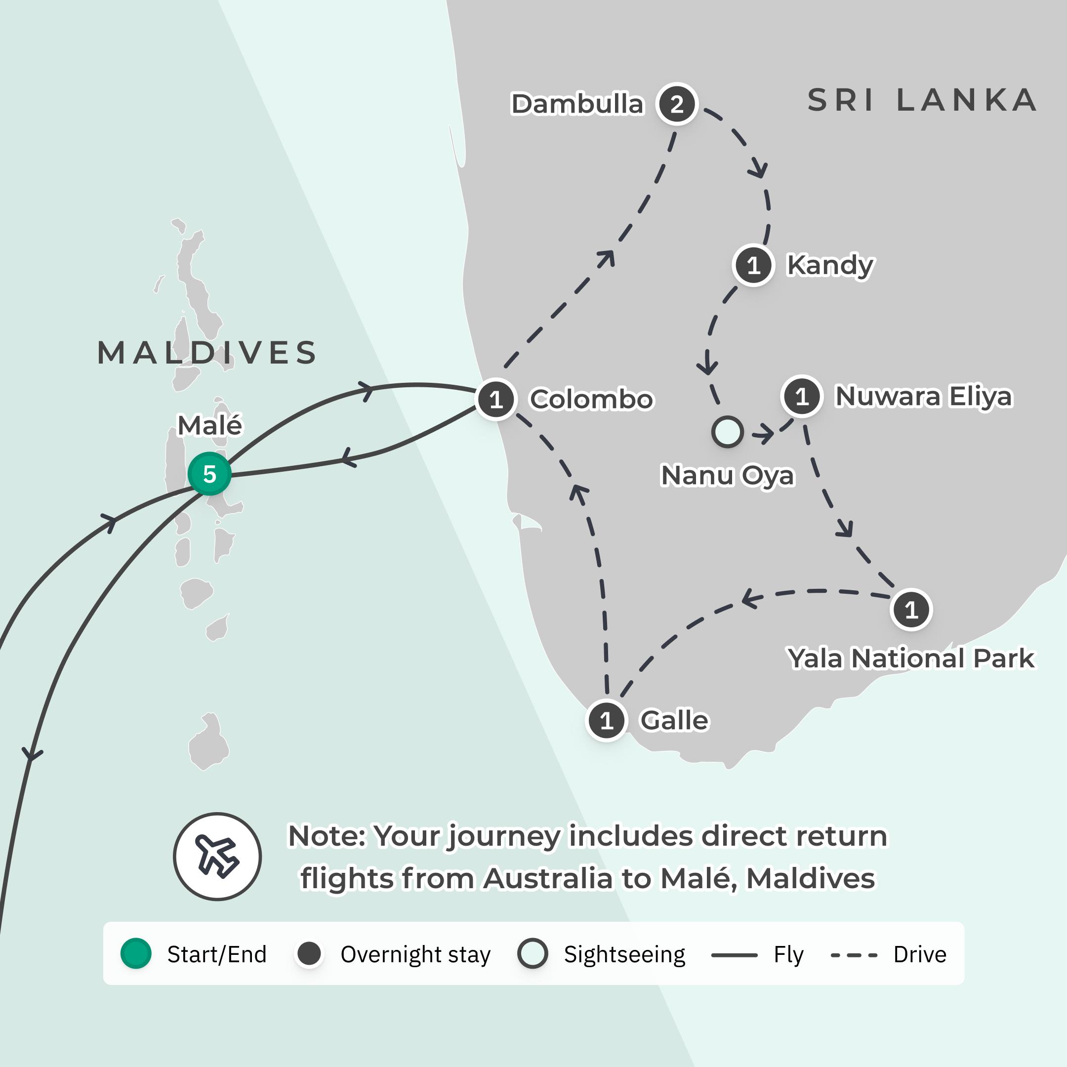 Premium 8-Day Sri Lanka Tour + 5-Night Adults-Only Anantara Veli Maldives All-Inclusive Villa with Return International Flights route map
