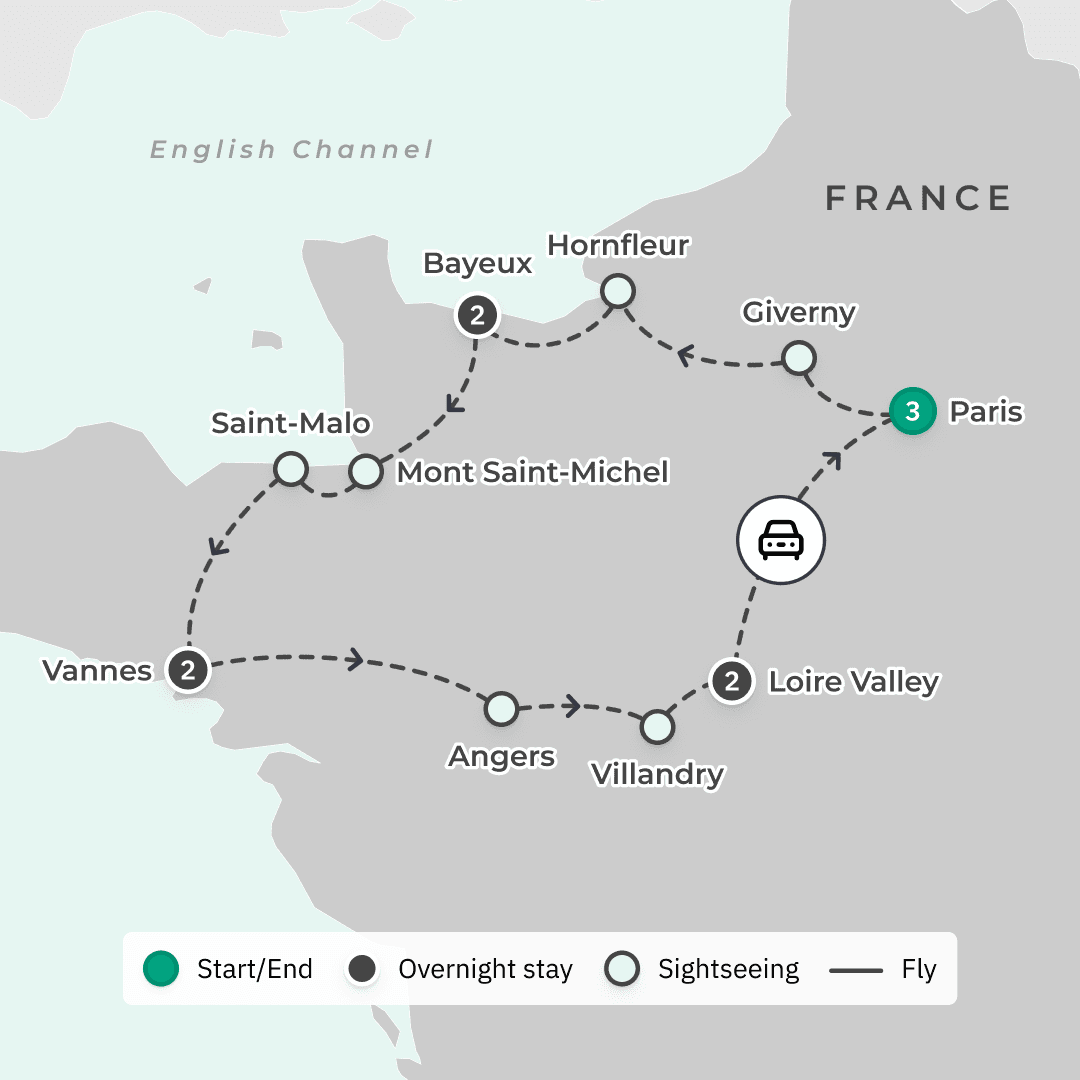 Deluxe 10-Day Northern France 2027 with Normandy, Brittany, Loire Valley & Mont Saint-Michel route map