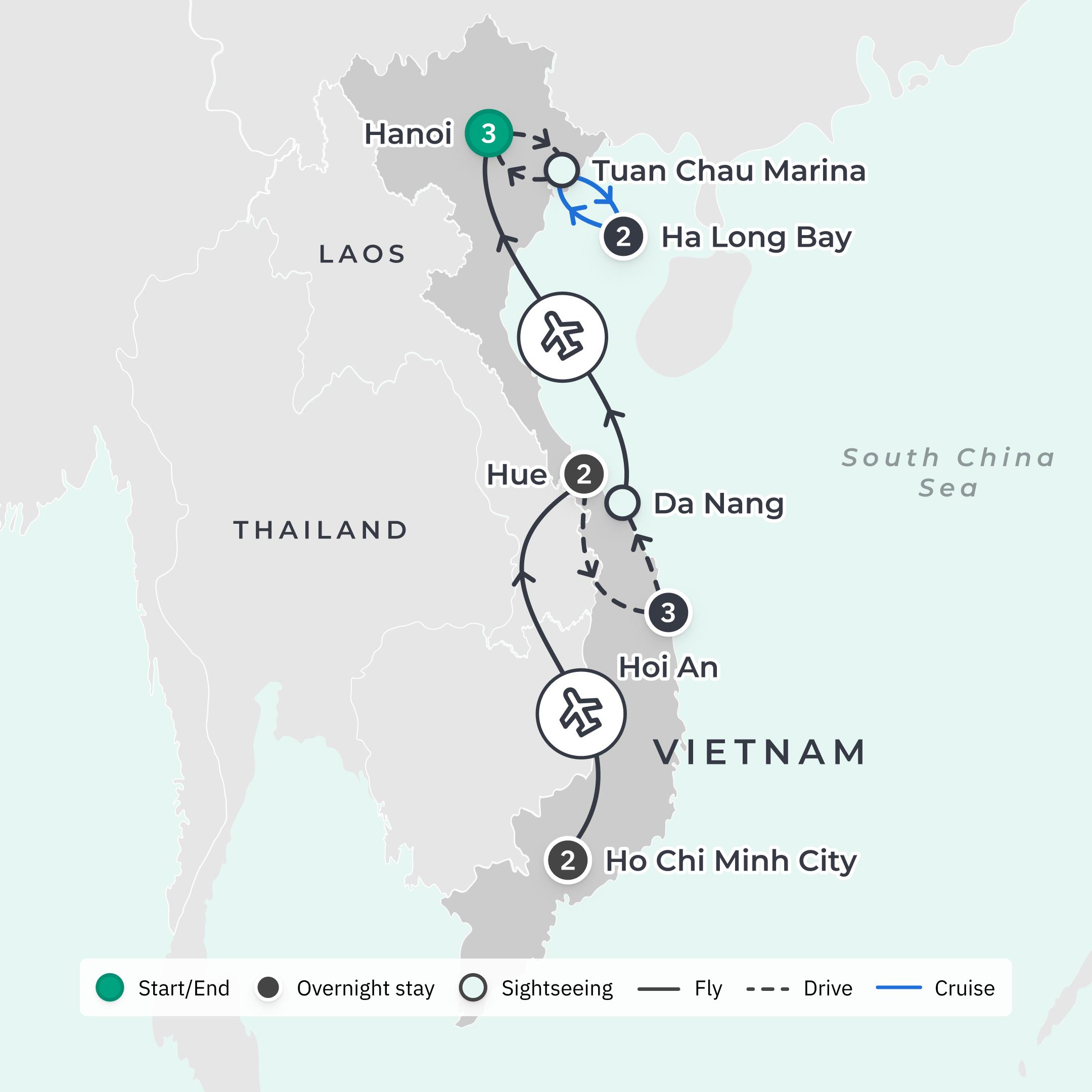 Premium 13-Day Vietnam Highlights 2026 with Hoi An, Hue & Ha Long Bay route map