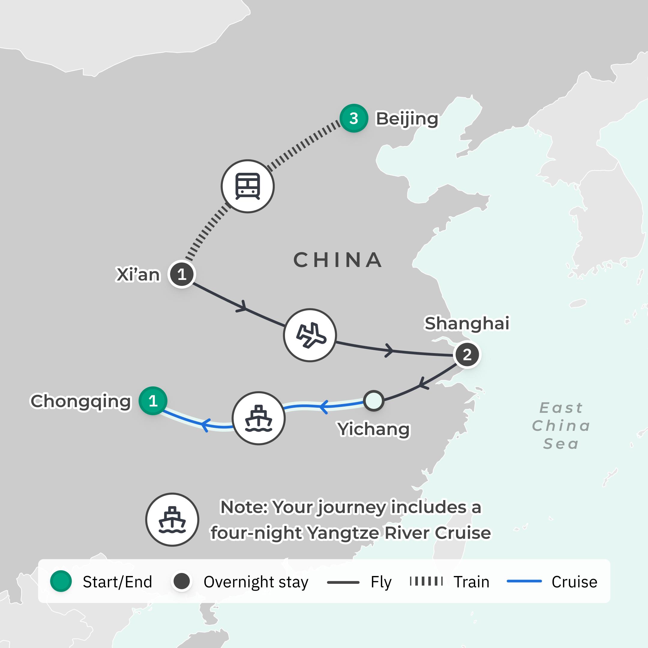 Premium 12-Day China Odyssey with Great Wall, Five-Star Stays & Yangtze River Cruise route map
