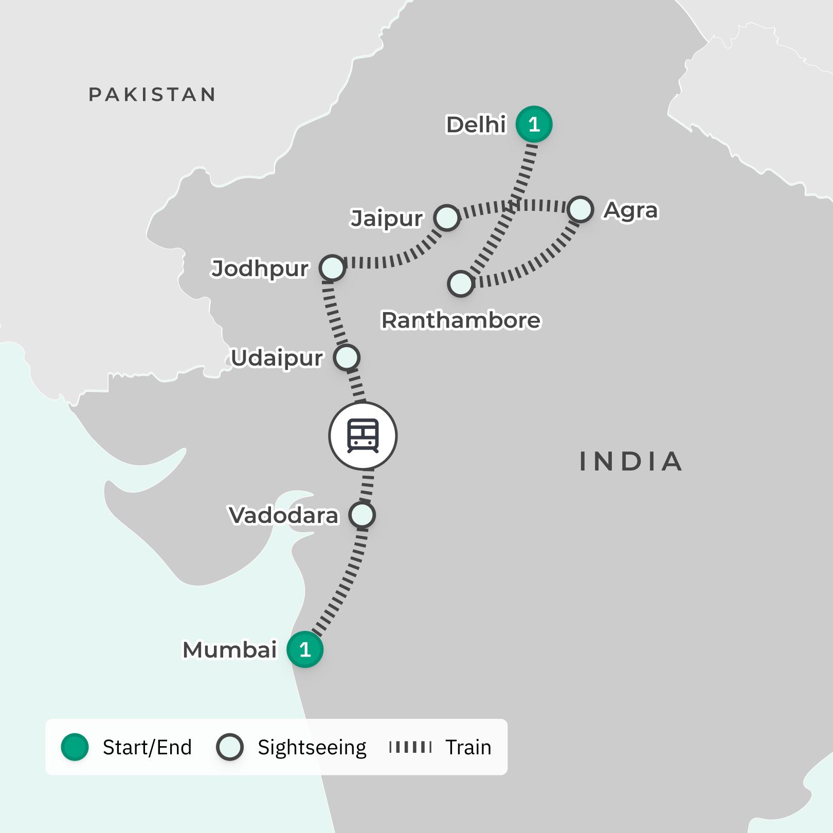 Mumbai to Delhi: Premium 10-Day India Iconic Deccan Sojourn Railway Tour with Ranthambore, Agra & Udaipur route map
