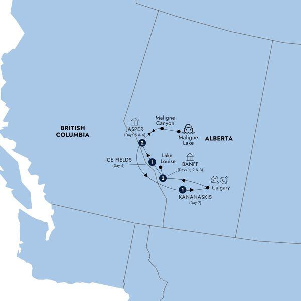 Spectacular Rockies and Glaciers of Alberta - Classic Group route map