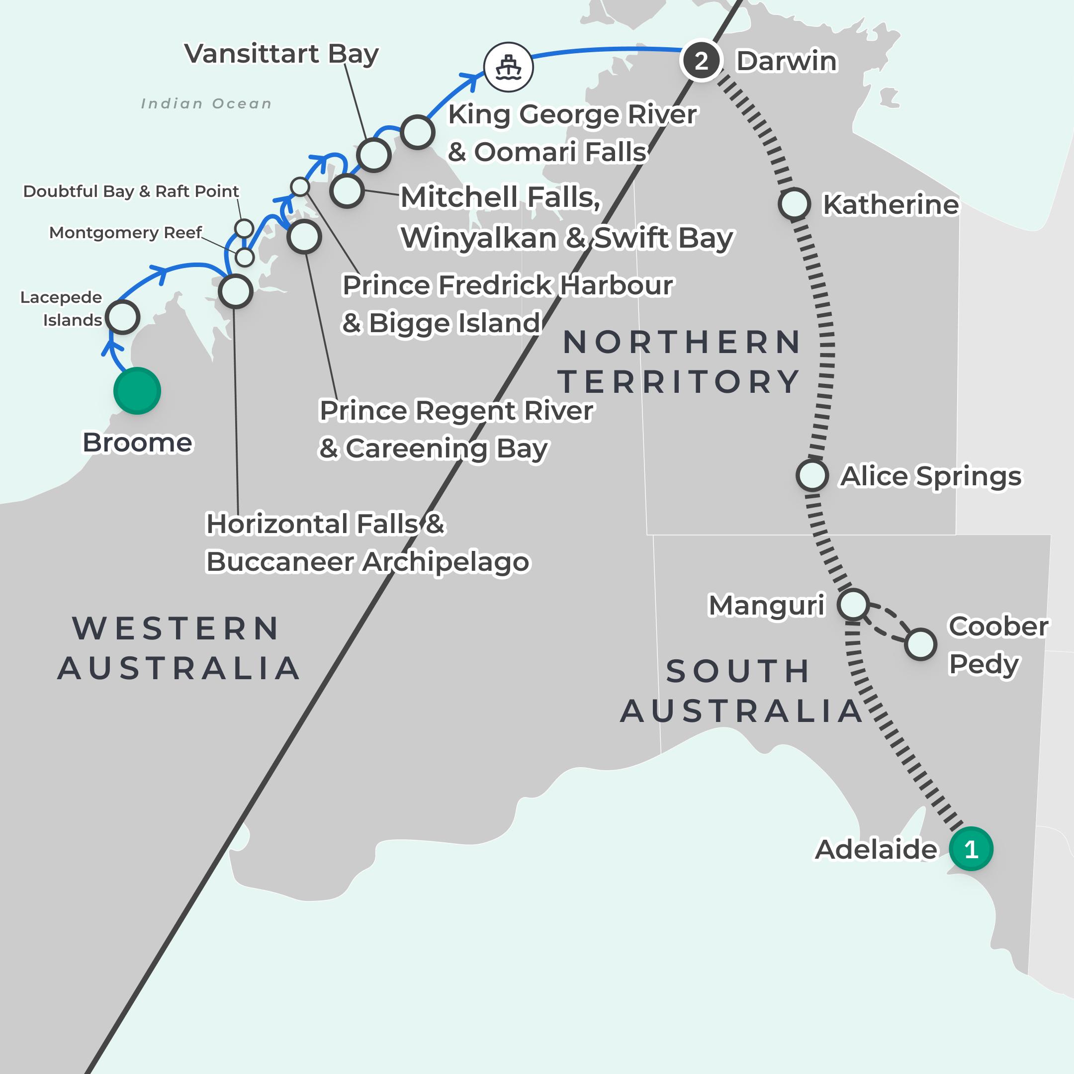 Limited Time Offer: Coral Expeditions Kimberley Cruise with BONUS 4-Day Ghan Expedition & Post-Cruise Stay route map