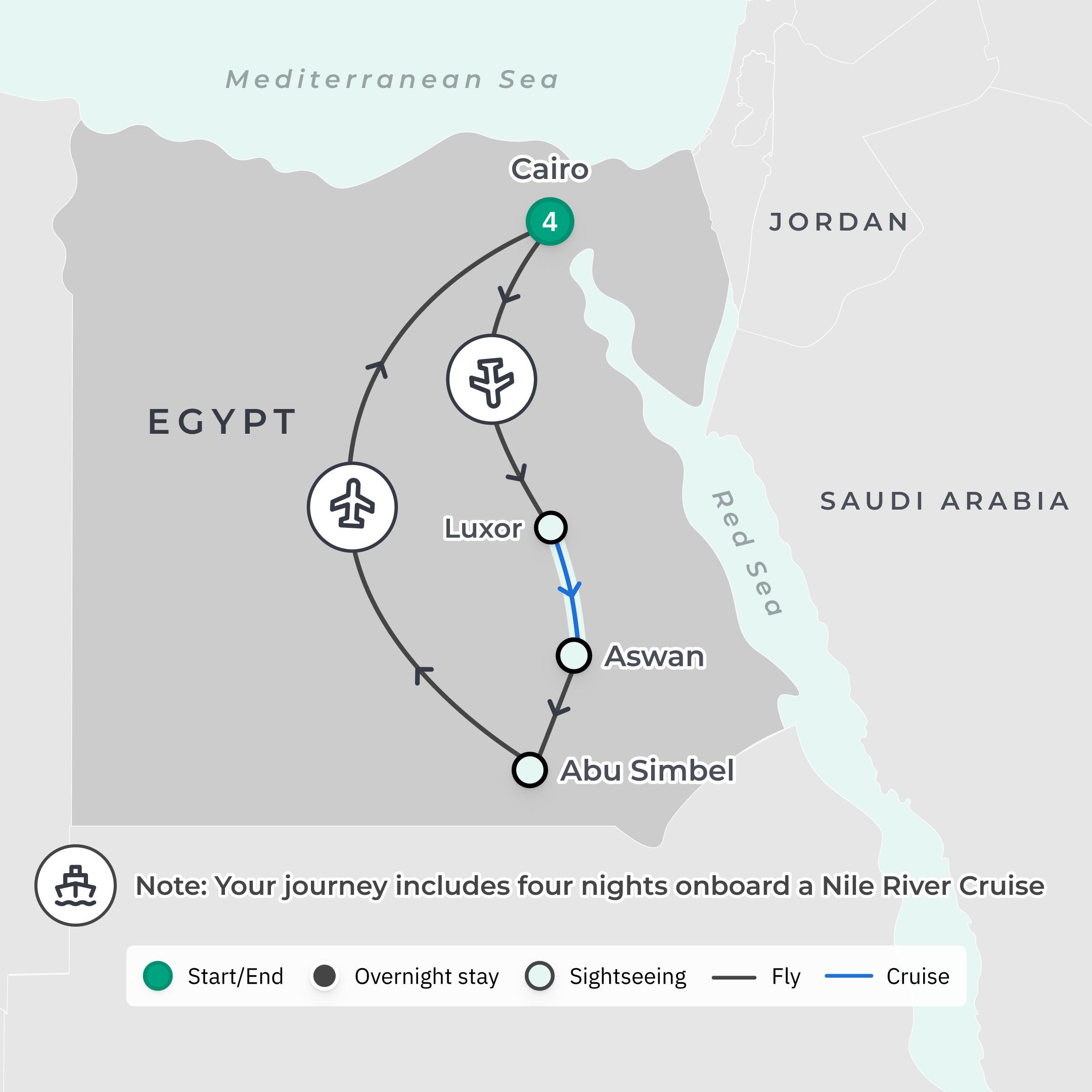 Limited Time Offer: Private 9-Day Egypt Highlights Tour with Fairmont Stay & BONUS Abu Simbel by Air route map