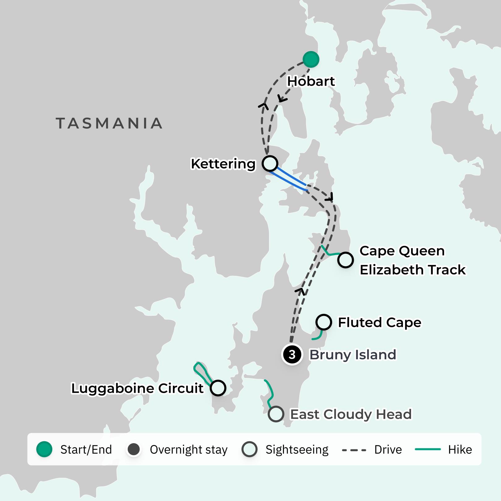 Bruny Island Walking Tour with Fluted Cape Circuit & Chalet Stay route map