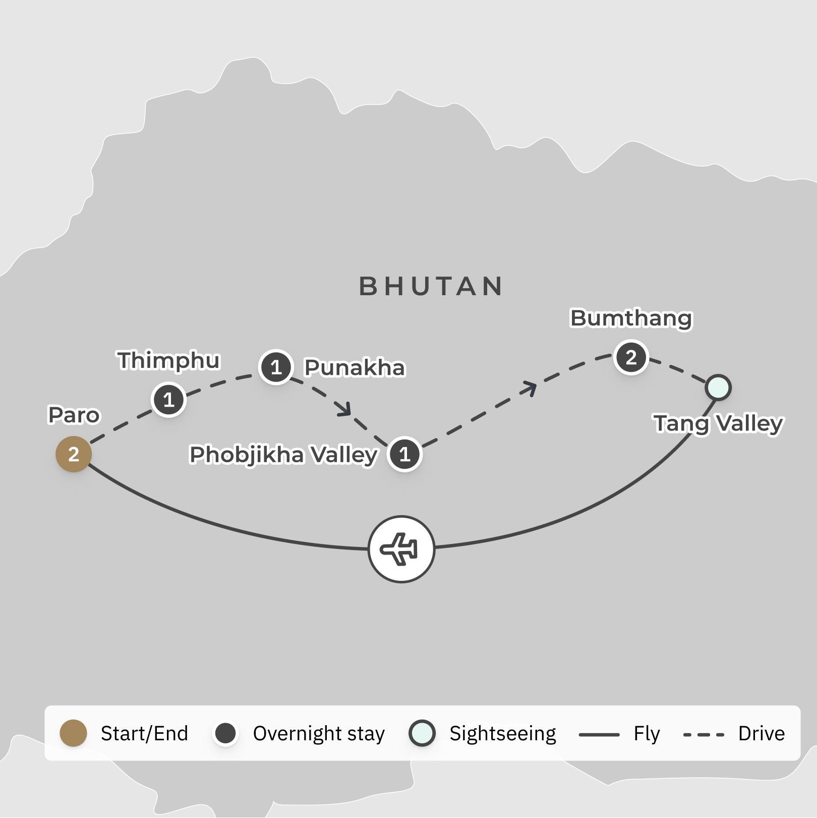 Bhutan Never-Before-Seen Thunder Dragon Car Tour with All-Inclusive Dining & Spiritual Welcome Blessing route map
