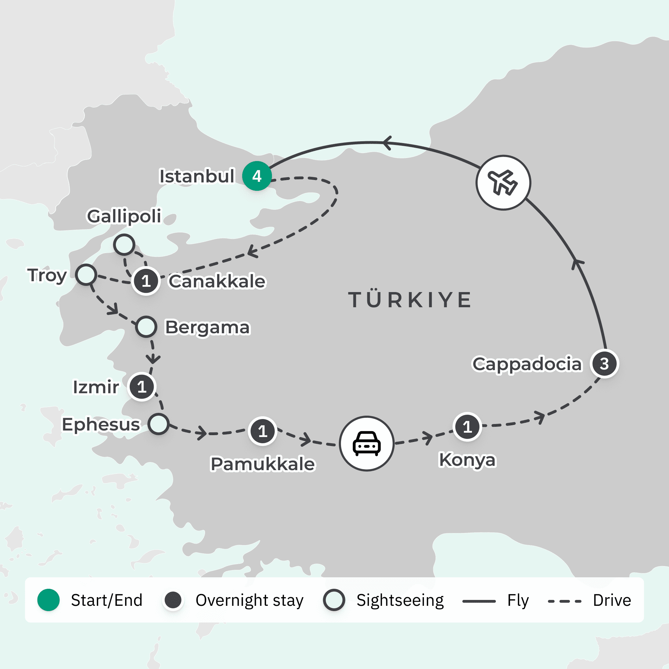 Deluxe 13-Day Turkiye Gallipoli Dawn Service Tour with Cappadocia, Ephesus & Pamukkale route map