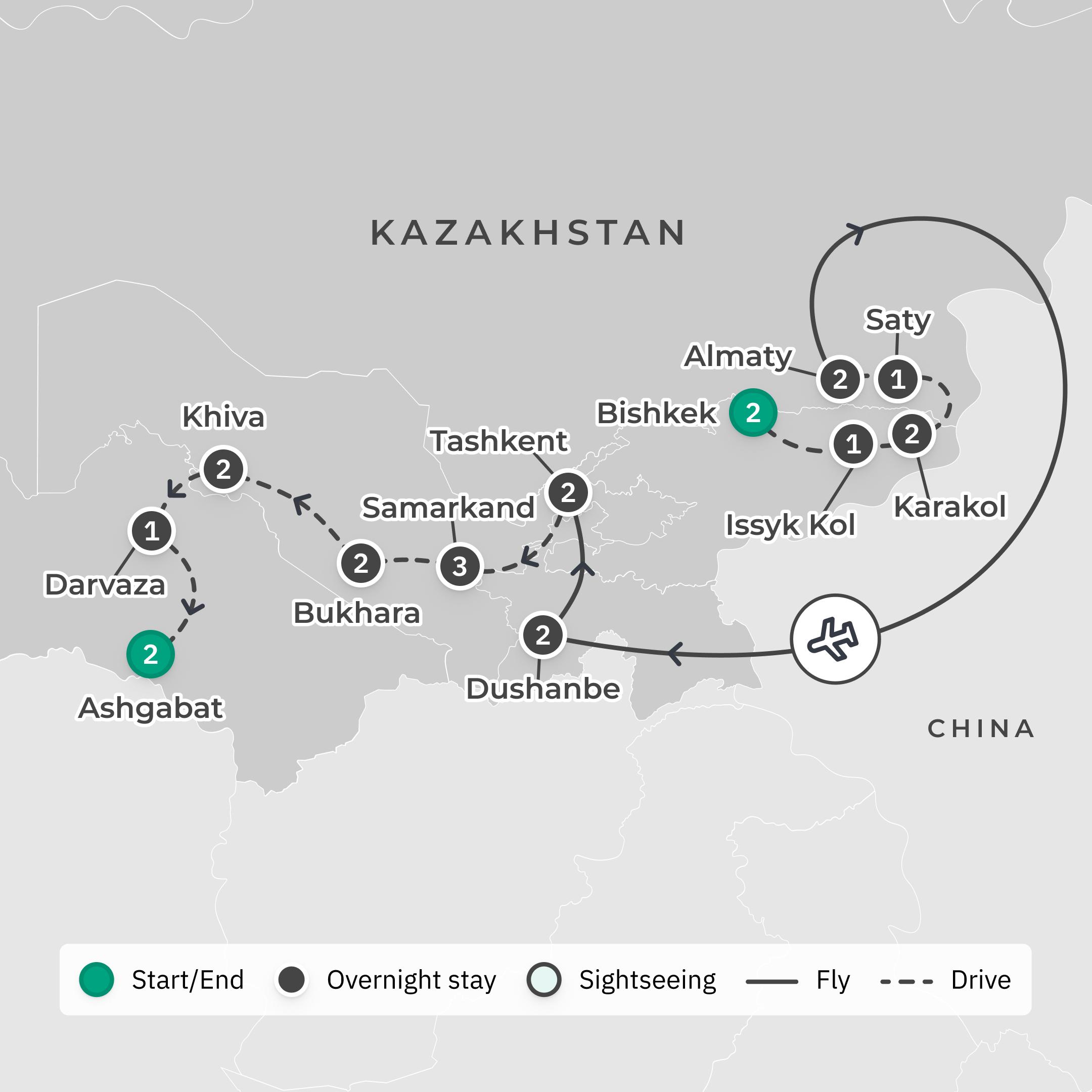 Deluxe 23-Day Five Stans & Silk Road Discovery 2027 with Kazakhstan, Uzbekistan & Kyrgyzstan route map