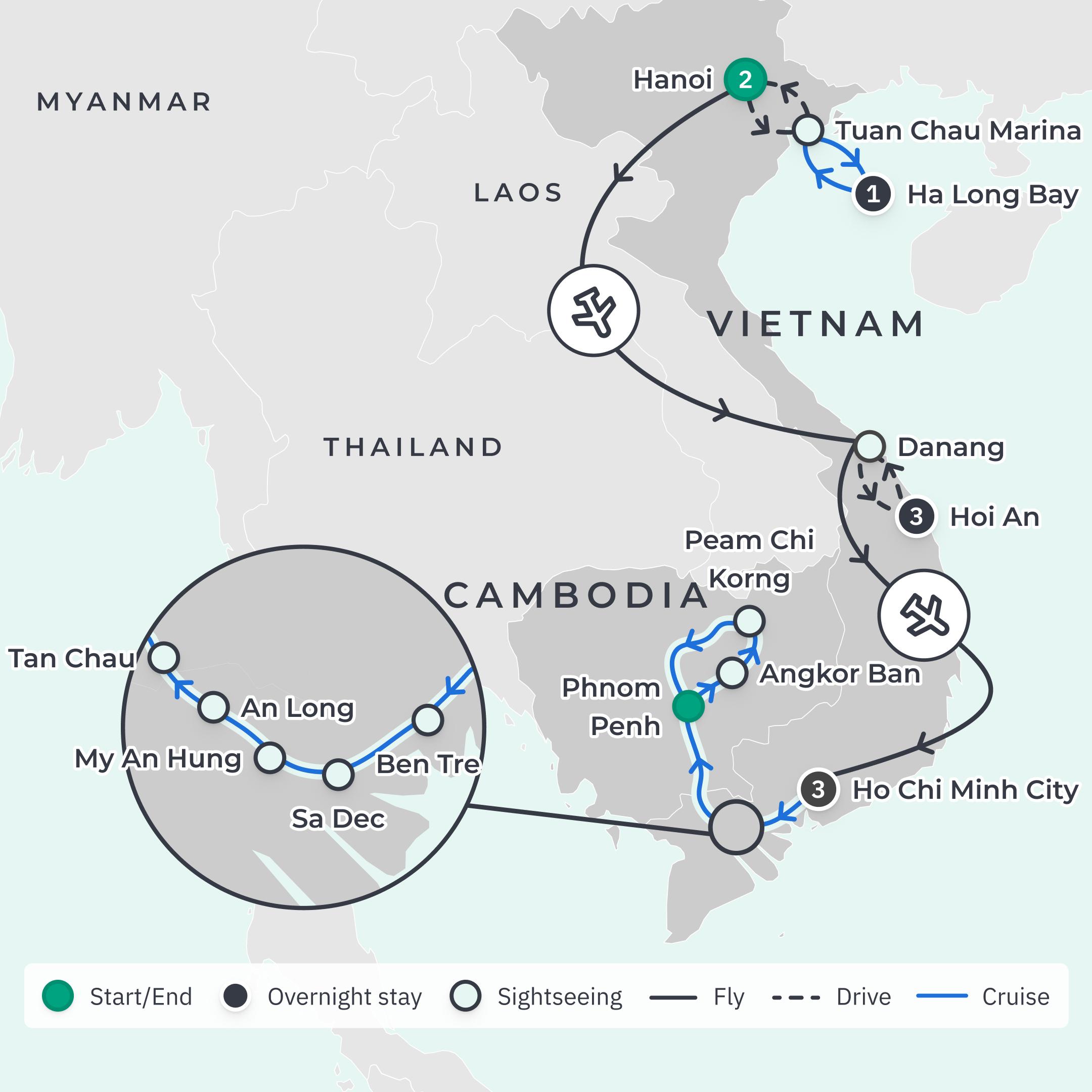 Limited Time Offer: Deluxe 10-Day Vietnam Highlights with Ha Long Bay + 9-Night Emerald Mekong River Cruise route map