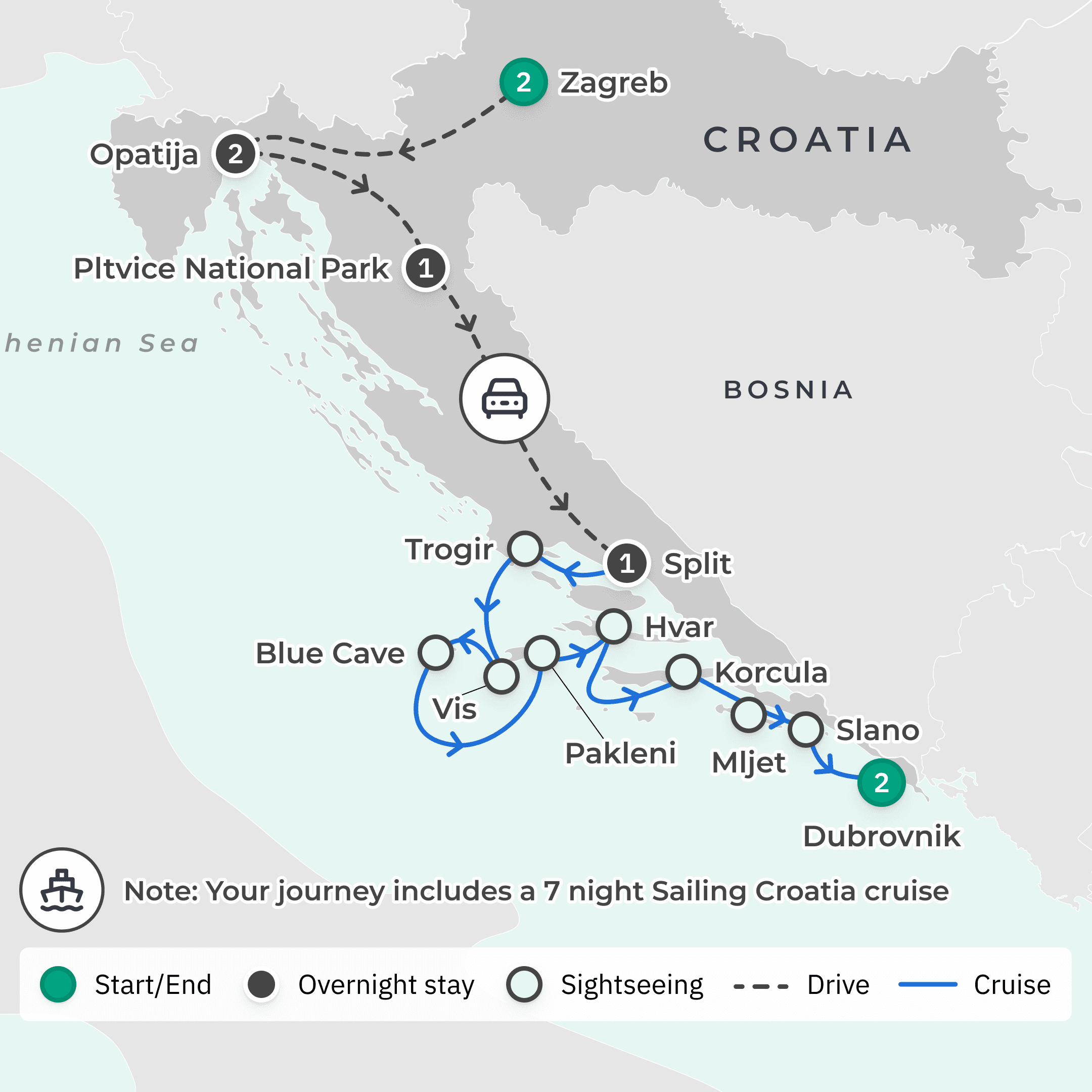 Premium 15-Day Croatia Sailing 2027 with Coastal Cruise, Slovenia & Istria  route map