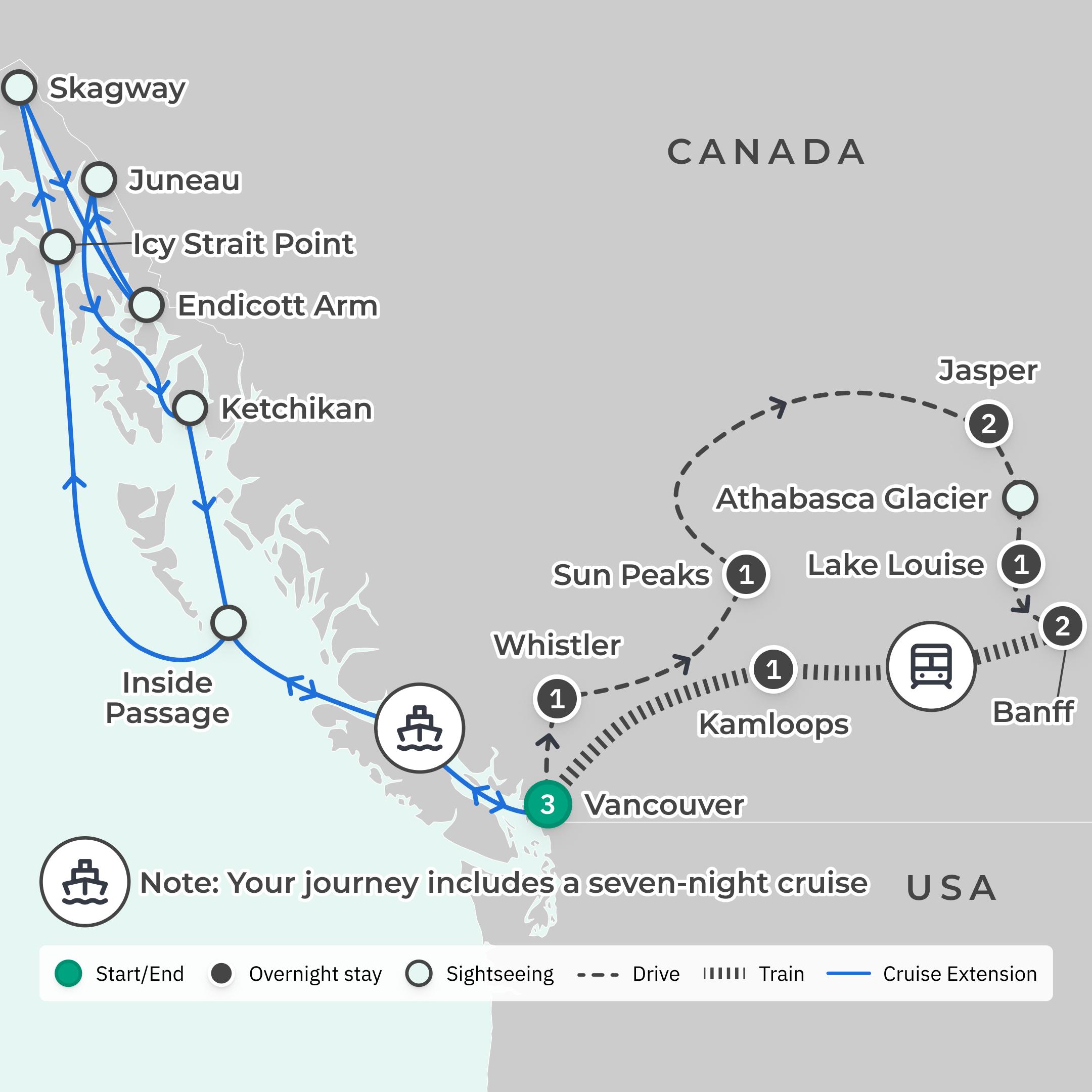 Deluxe 19-Day Canada & Alaska Rail & Sail 2026 with Rocky Mountaineer & Inside Passage Celebrity Cruise route map