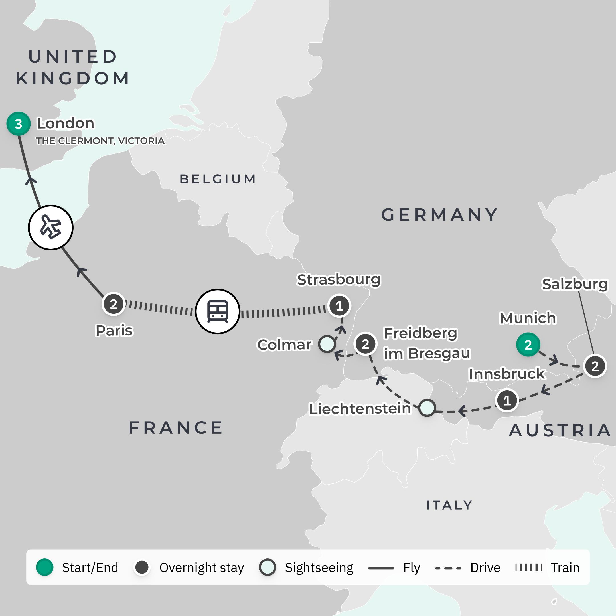 Limited Time Offer: 11-Day Europe Christmas Market 2026 + 3-Night London Stay w. Full-Day Sightseeing Tour  route map