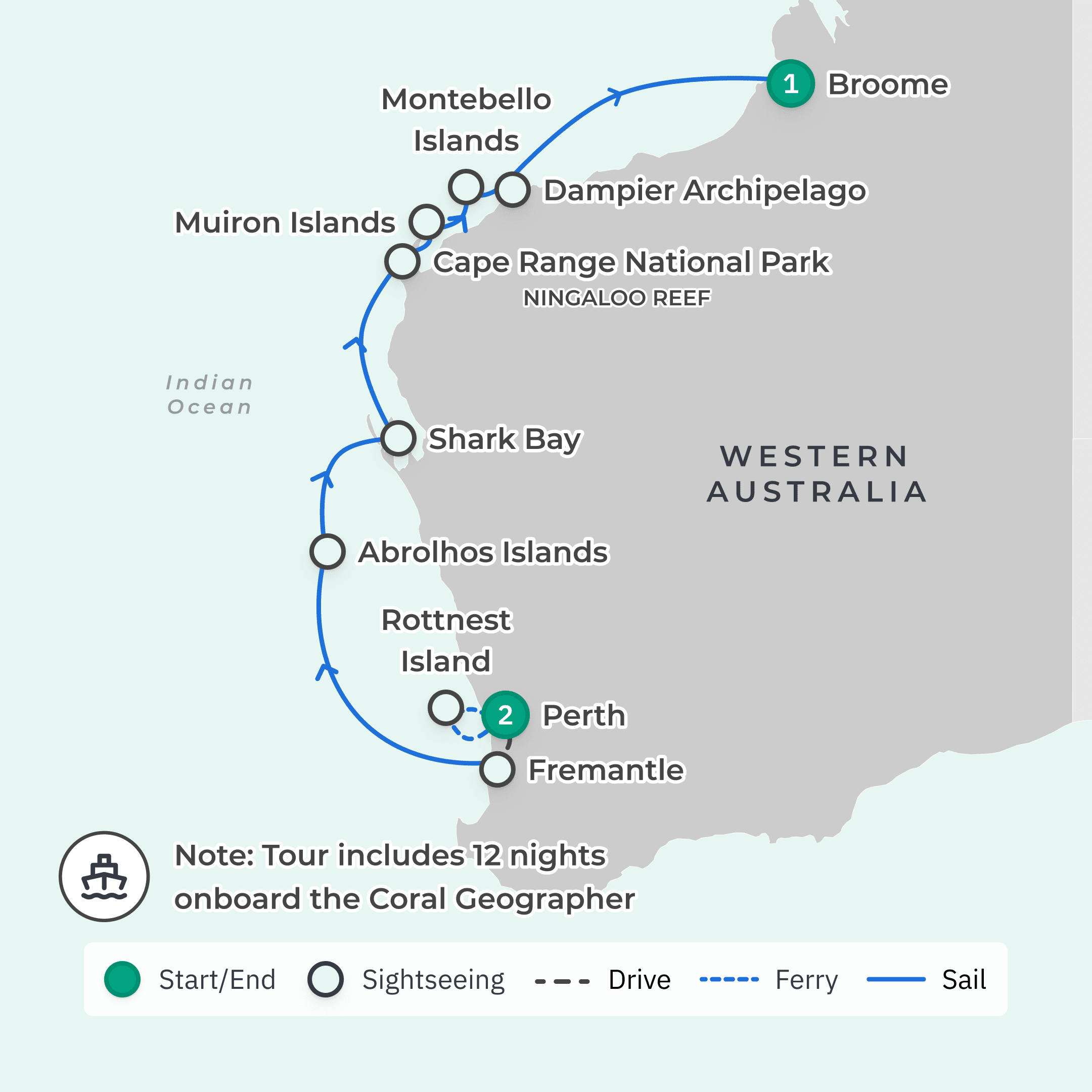 Limited Time Offer: 13-Day Australian Coral Coast Cruise & 2-Night Perth Stay with Rottnest Island Ferry route map