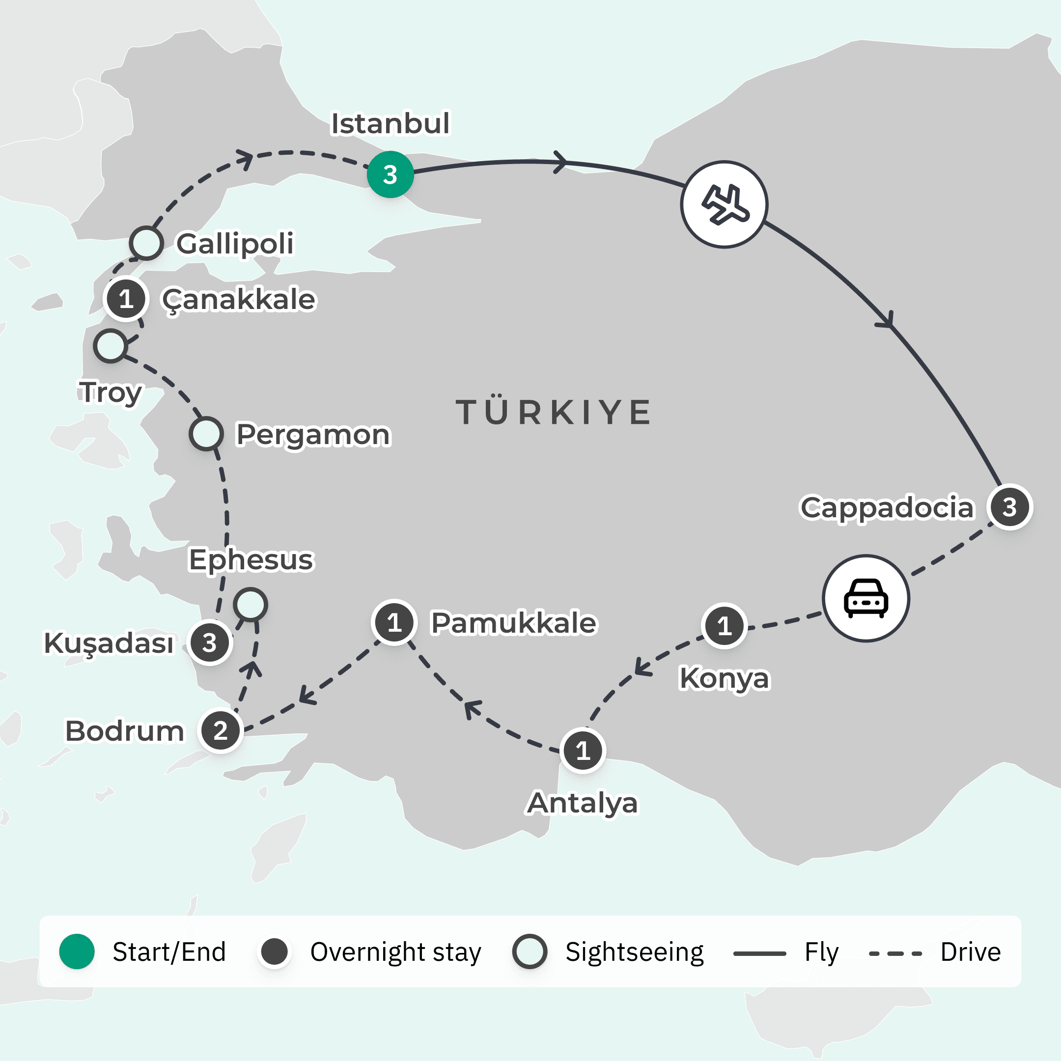 Limited Time Offer: 16-Day Best of Turkiye with 5-Star Beach Stays + BONUS A$400 Flight Credit route map