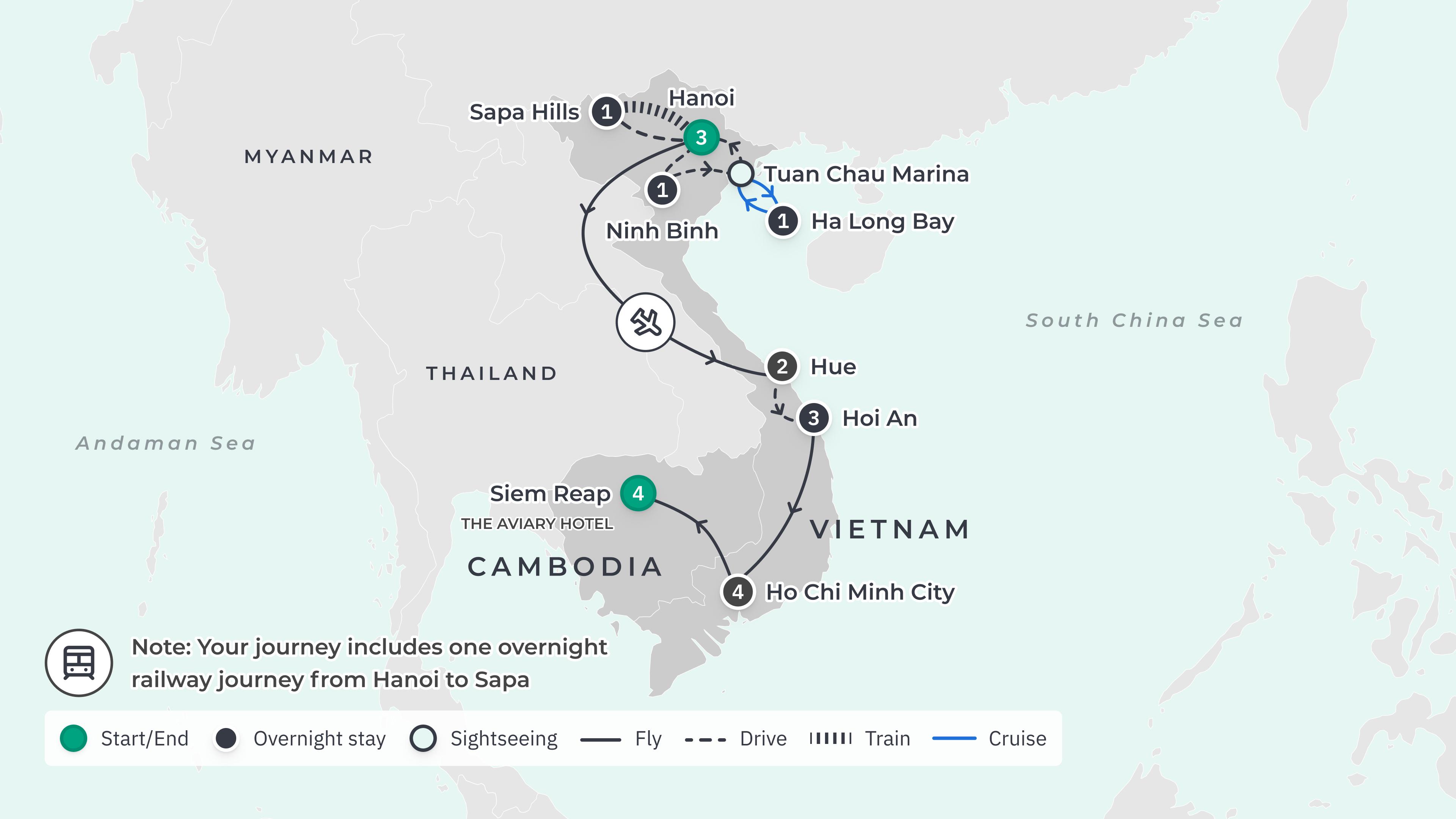 Limited Time Offer: 17-Day Deluxe Vietnam 2027 with Sapa, Hue & Hoi An + 4-Night Aviary Hotel Siem Reap Stay route map
