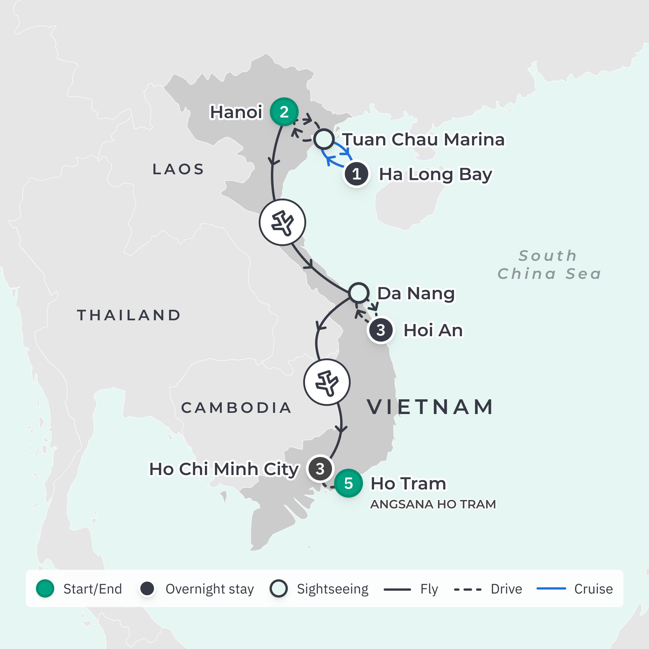Limited Time Offer: 10-Day Vietnam Highlights + 5-Night Ho Tram Beachfront Escape with All-Inclusive Dining route map