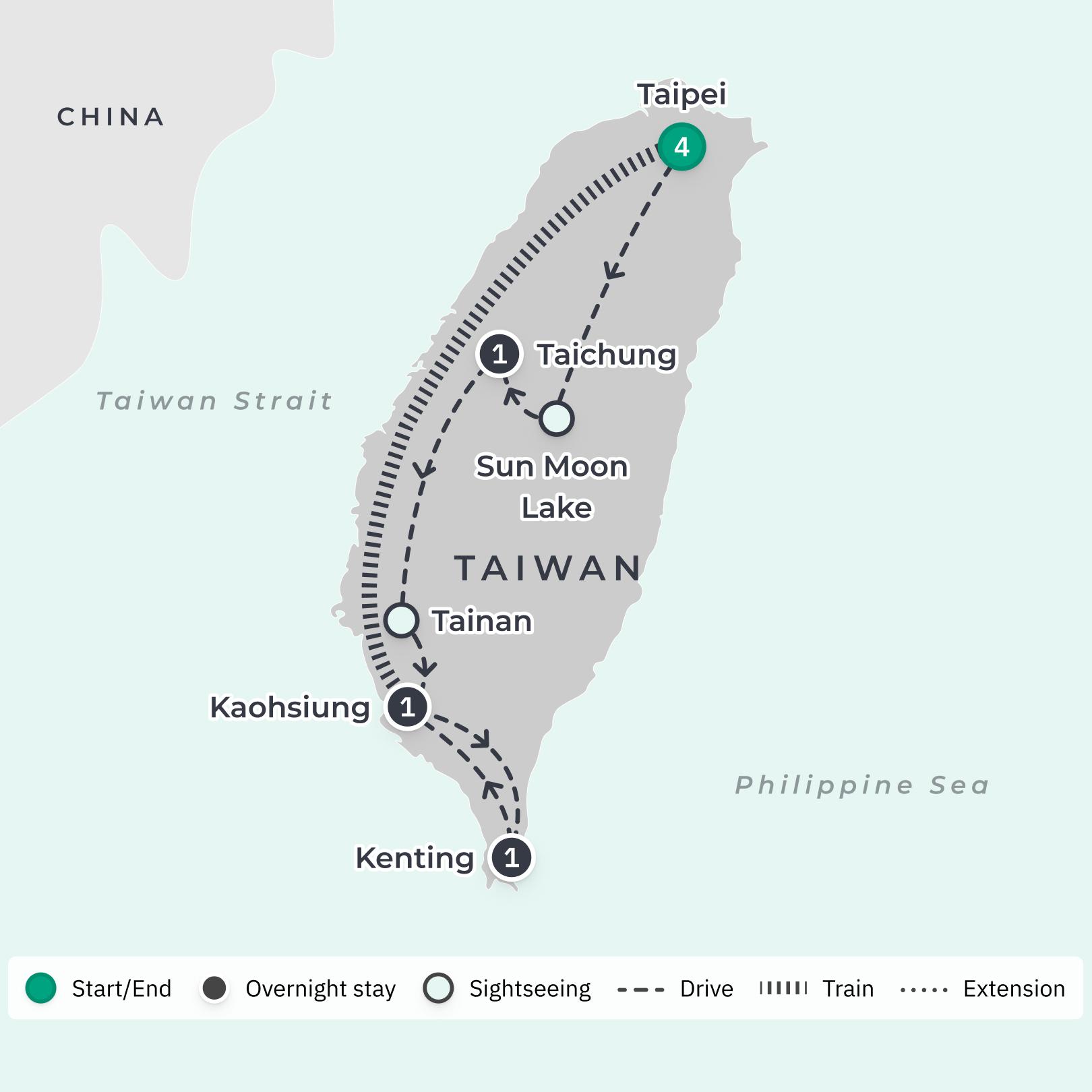 Taiwan Highlights with Sun Moon Lake Bicycle Tour & Kenting National Park Stay route map