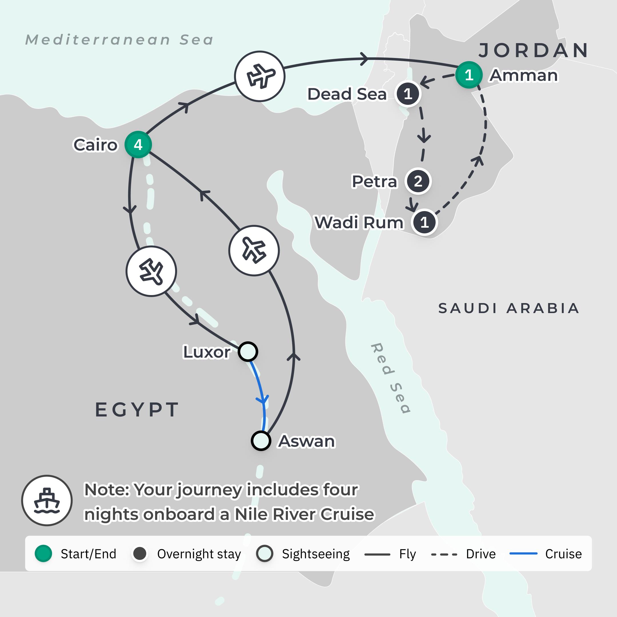 Limited Time Offer: Private 14-Day Egypt & Jordan Tour with BONUS Flight to Abu Simbel & Luxor Light Show route map