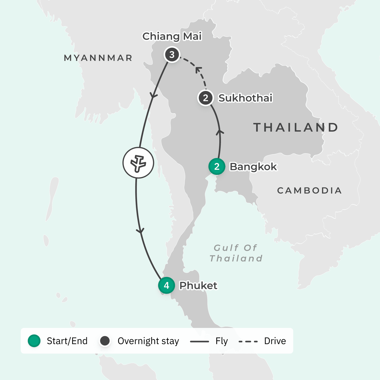 Classic Thailand with Phuket Beach Stay & Chiang Mai Cooking Class route map