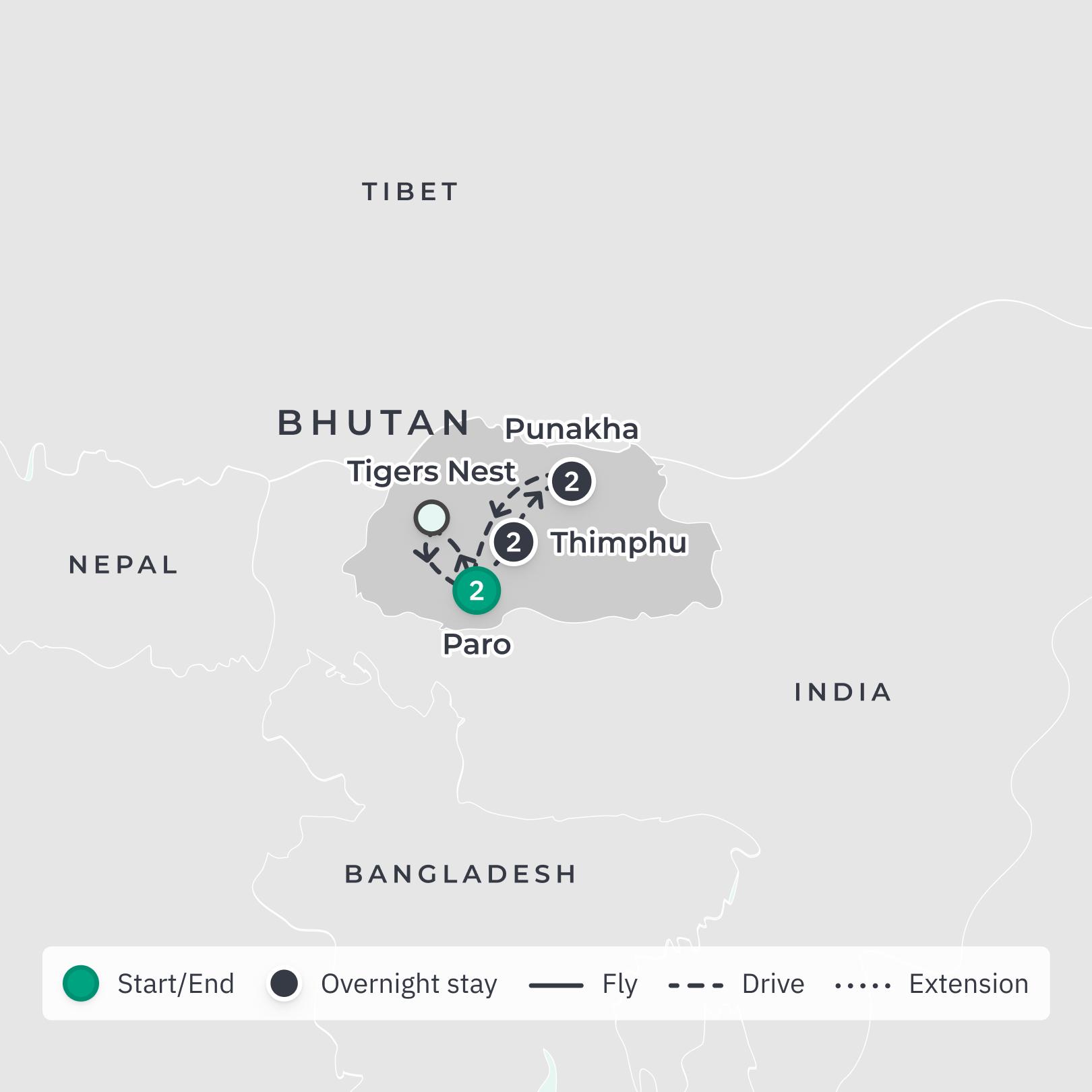 Bhutan Luxury Cultural Tour with All-Inclusive Dining & Tiger's Nest Visit route map
