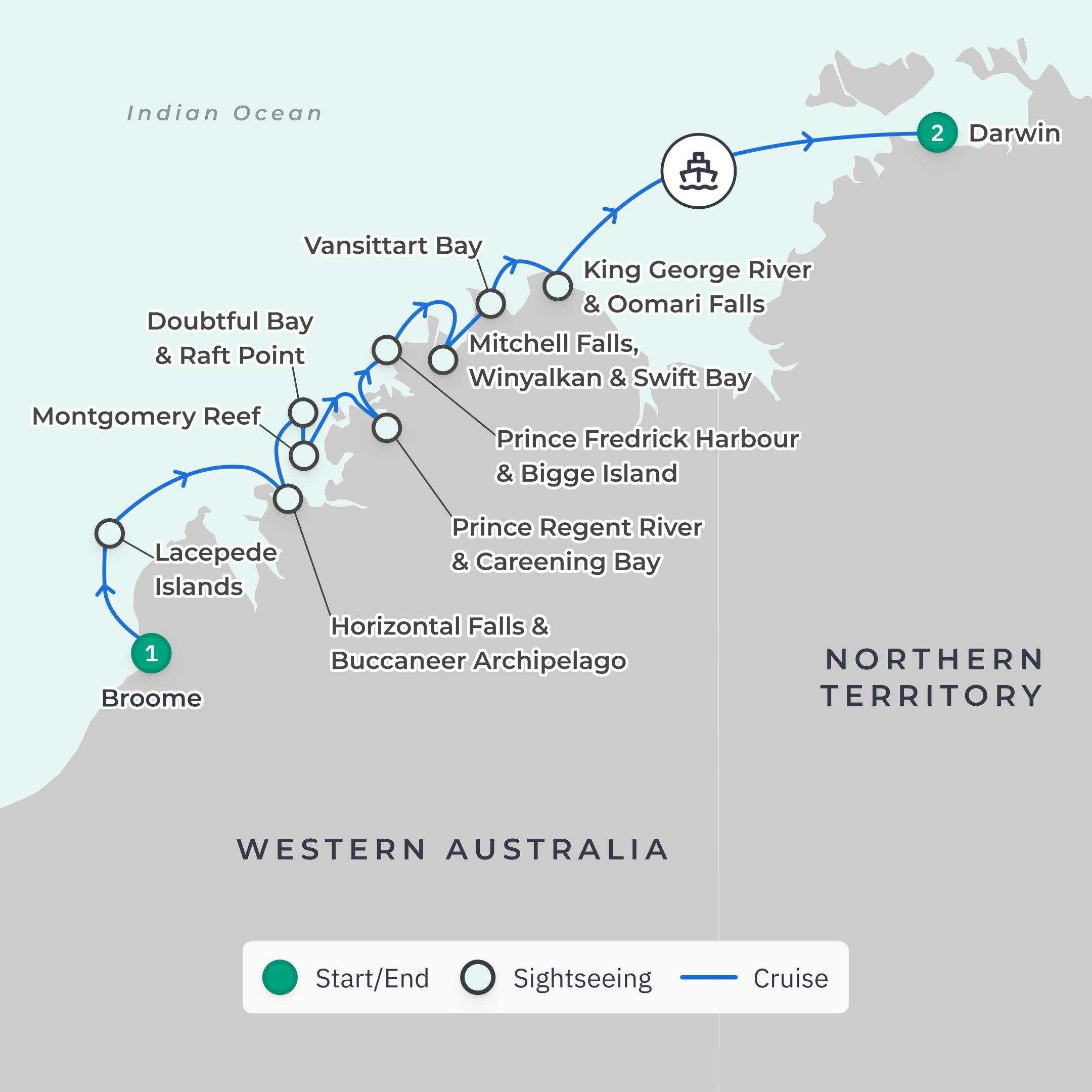     Limited Time Offer: Coral Expeditions Kimberley Cruise from Broome to Darwin with BONUS Pre- & Post-Cruise Stays route map