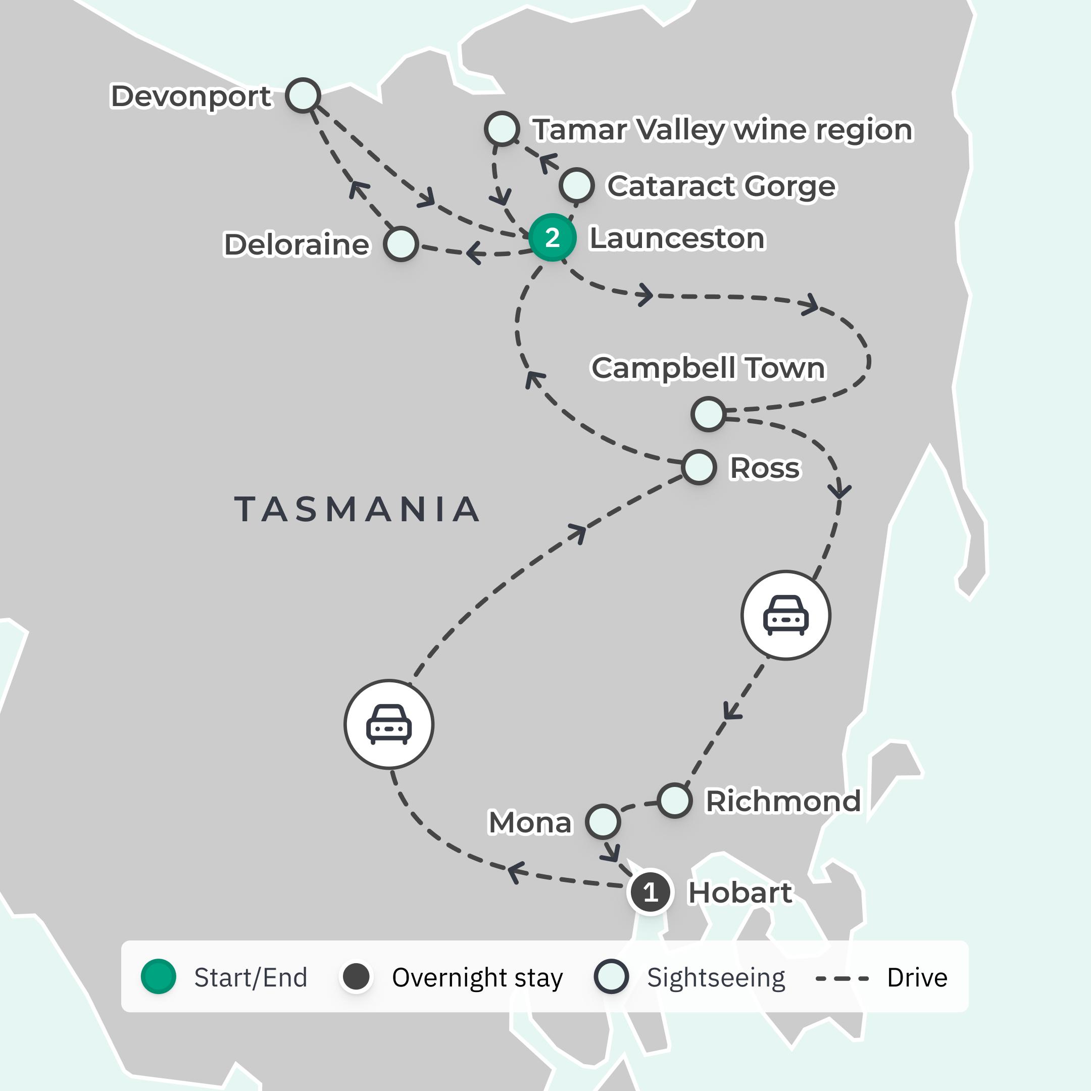 4-Day Adults-Only Tasmania Deluxe Food & Wine Tour with Launceston, Hobart & Tamar Valley route map