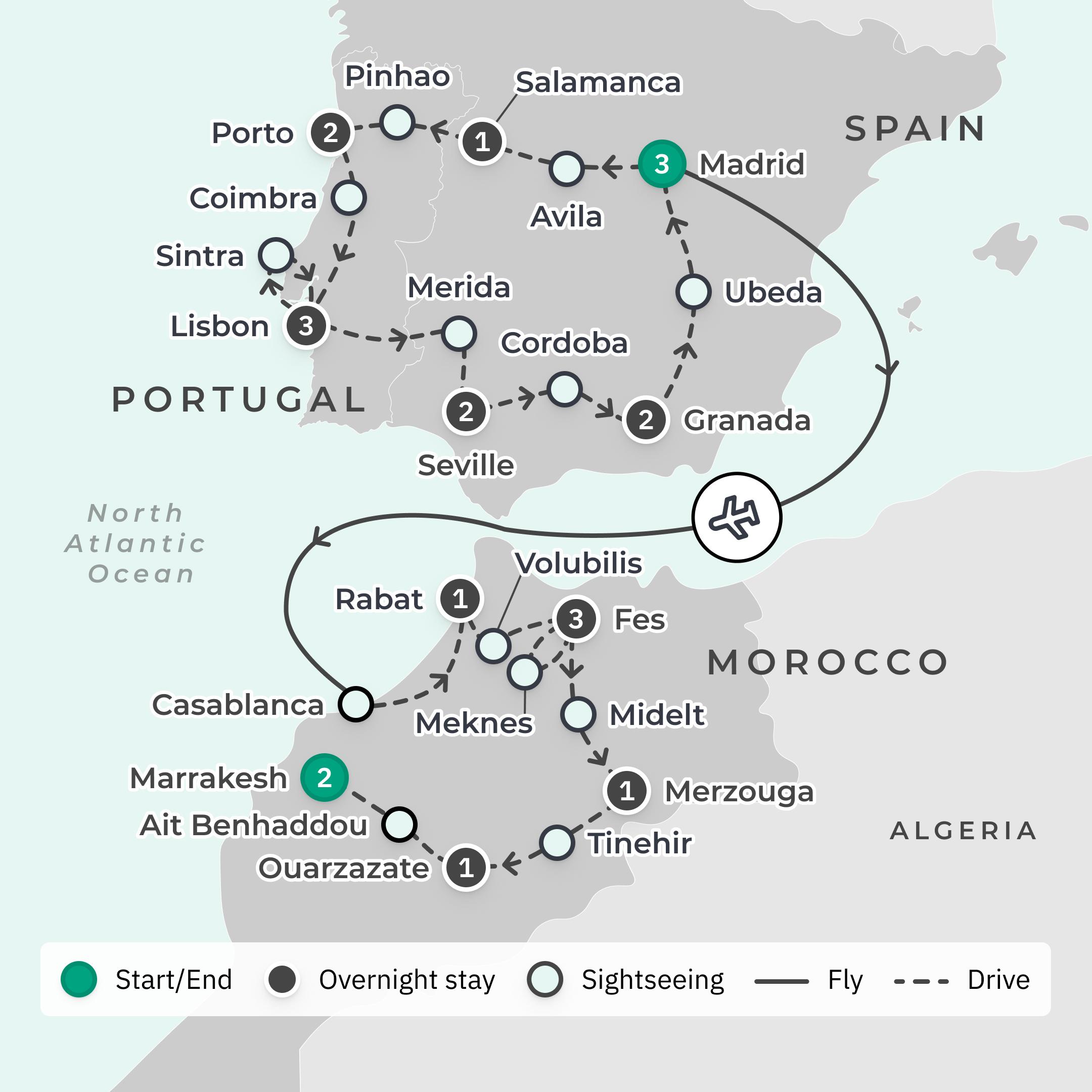  Deluxe 22-Day Spain, Portugal & Morocco 2026 Odyssey with Seville, Porto & Sahara Desert Glamping route map