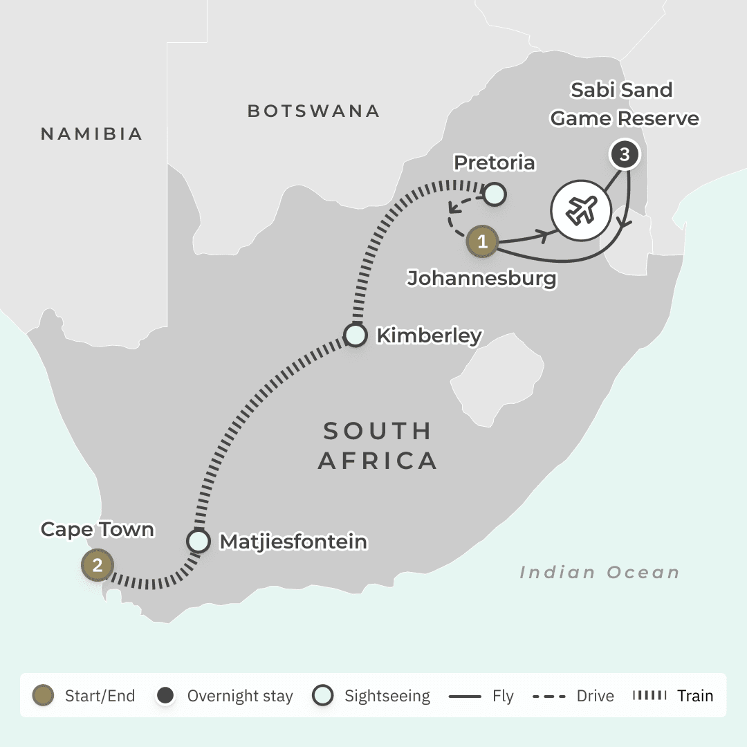 Ultra-Lux 10-Day Private South Africa Safari with Rovos Rail & All-Inclusive Sabi Sands Lodge  route map