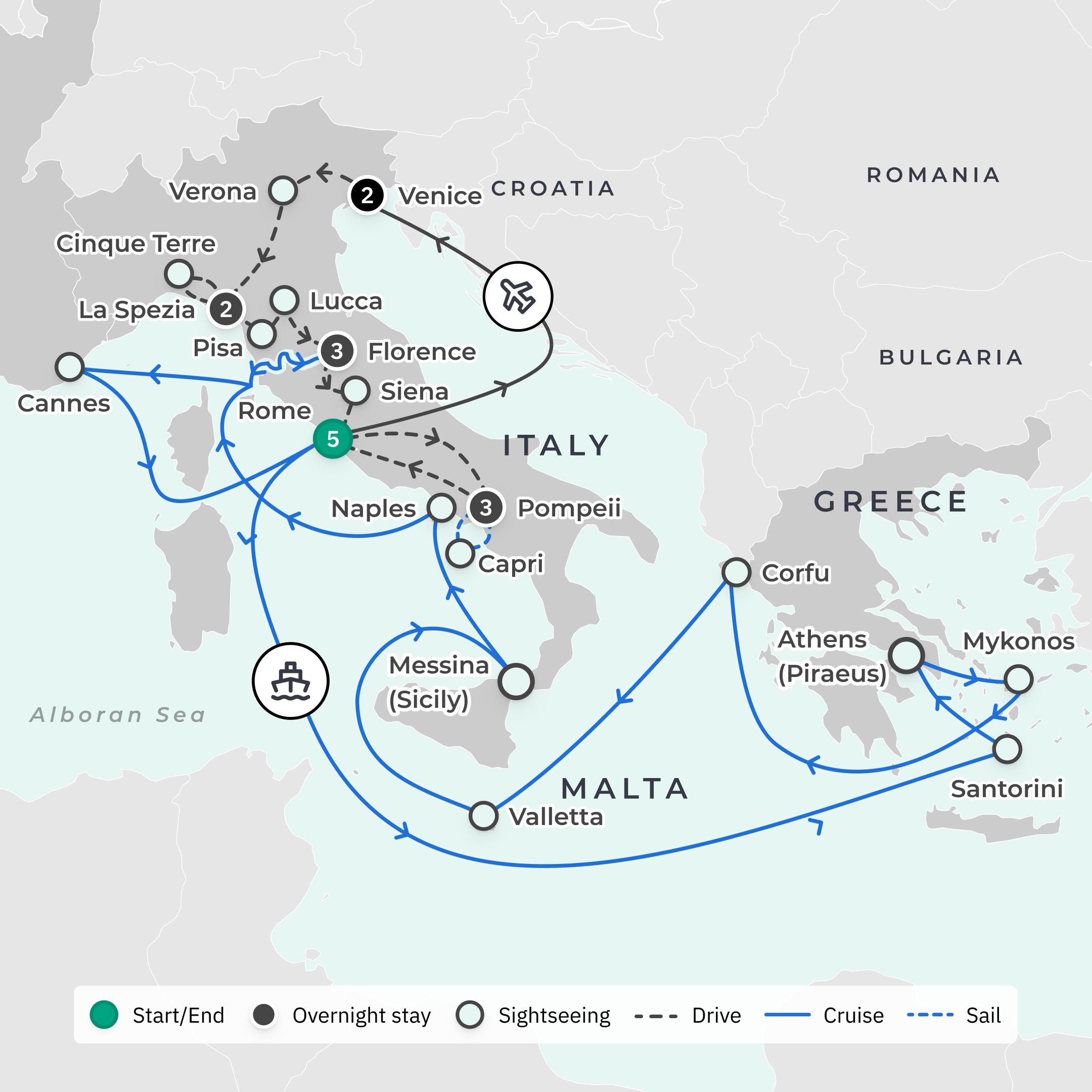 Limited Time Offer: 27-Day Italy Highlights with Mediterranean Norwegian Epic Cruise & Cinque Terre route map