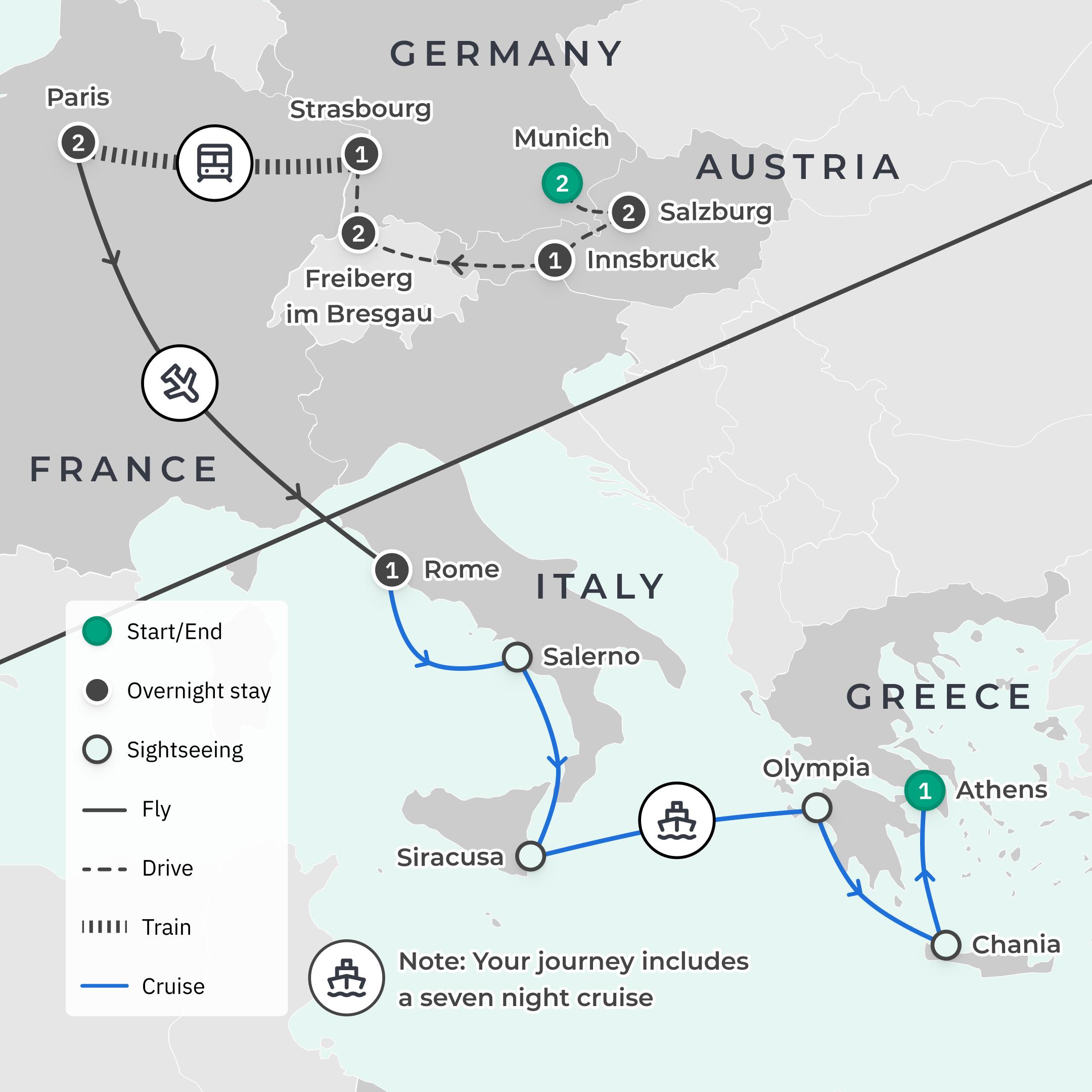 Limited Time Offer: 19-Day Europe Christmas Markets of Bavaria, Austria & France + Azamara Mediterranean Cruise route map