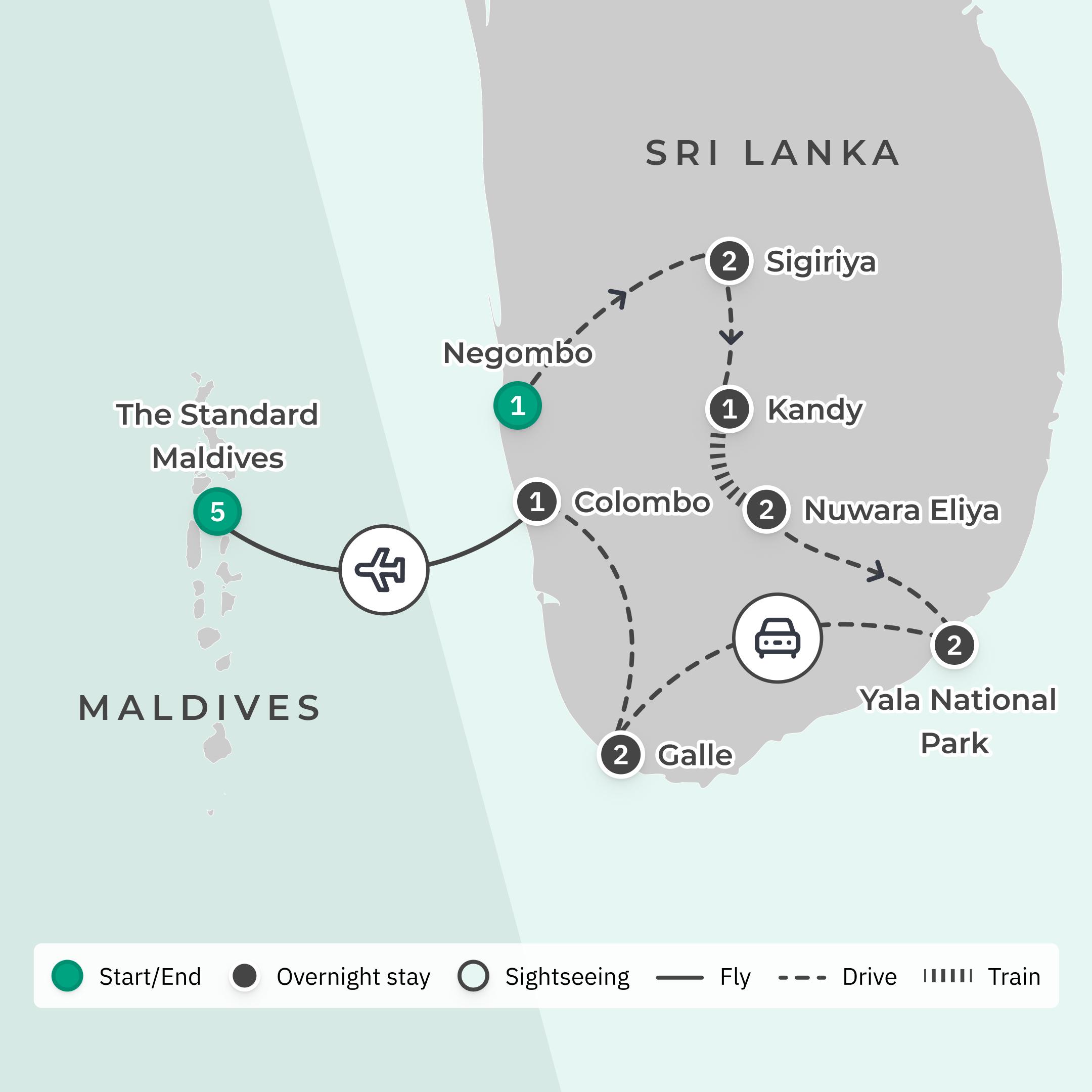 Limited Time Offer: 12-Day Best of Sri Lanka 2027 Tour + 5-Night Overwater The Standard, Maldives by Hyatt Stay route map
