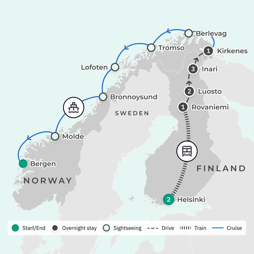 Deluxe 16-Day Finland & Norway Northern Lights Winter Adventure with Coastal Fjord Cruise route map
