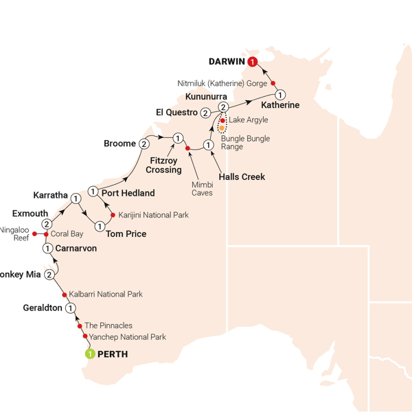 Wonders of the West Coast & Kimberley route map