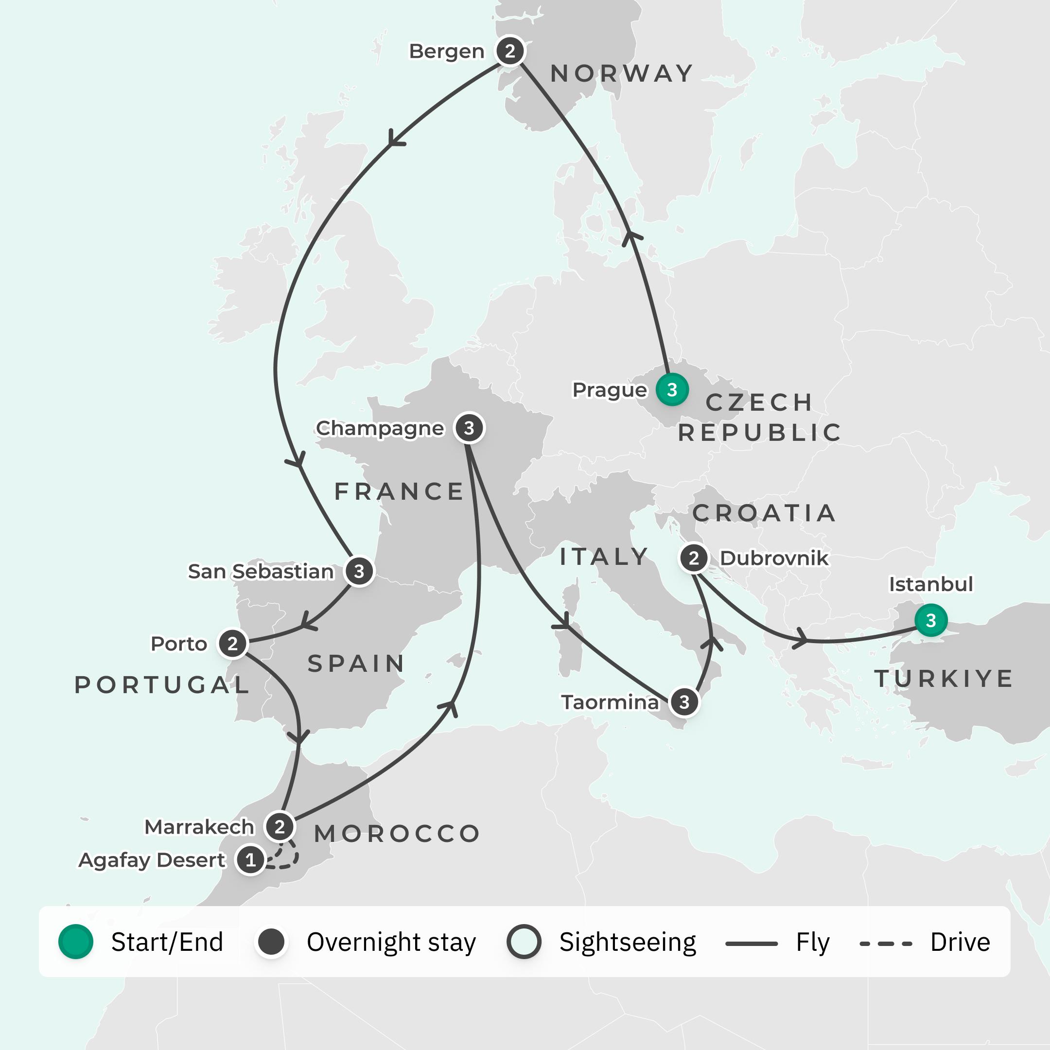 Ultimate Europe by Private Charter Flight: Luxury Escapes Exclusive 25-Day Tour with 9 Bucket-List Countries route map