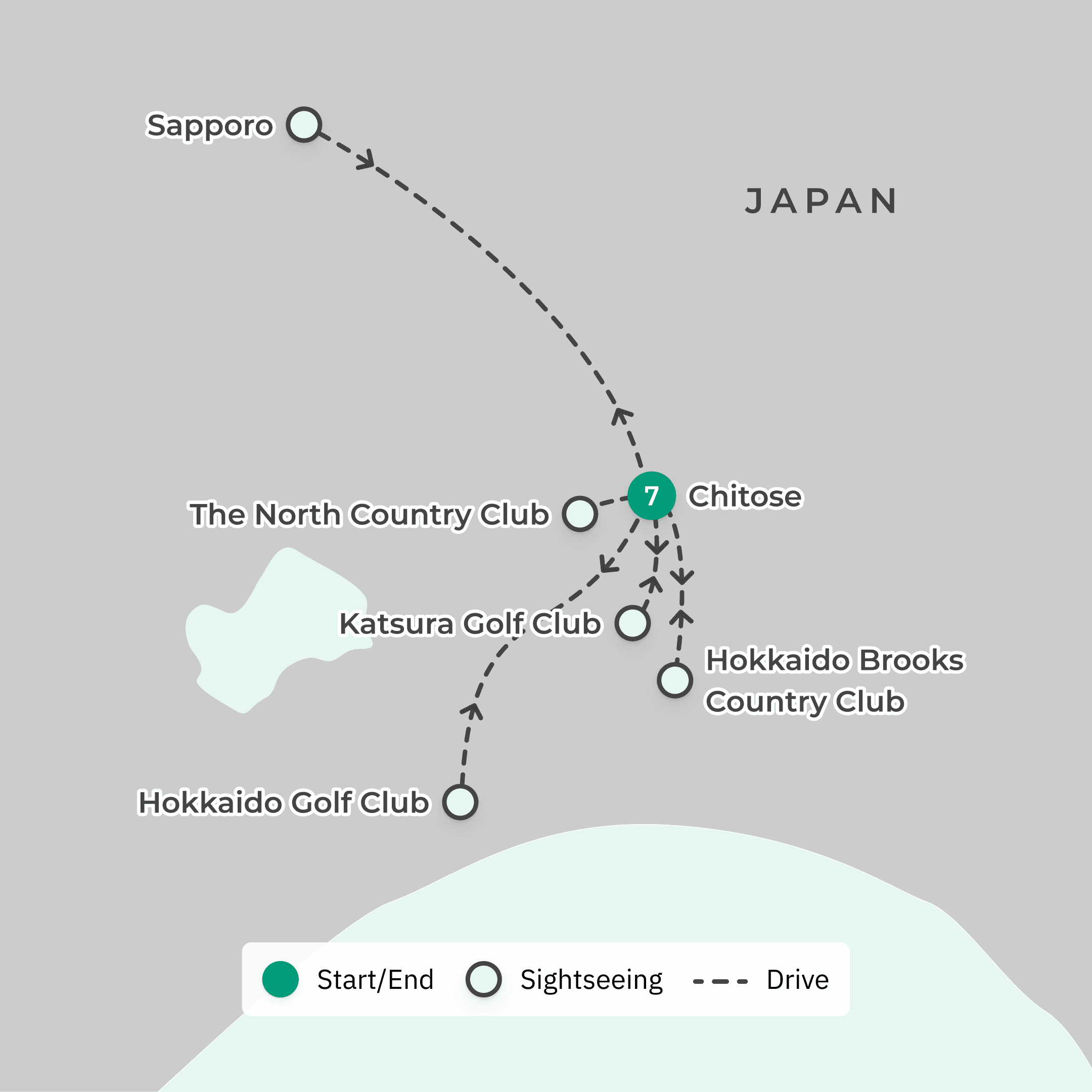 Best of Hokkaido Greens 8-Day Golfing Tour with Five Rounds of Golf & Sapporo Day Trip route map