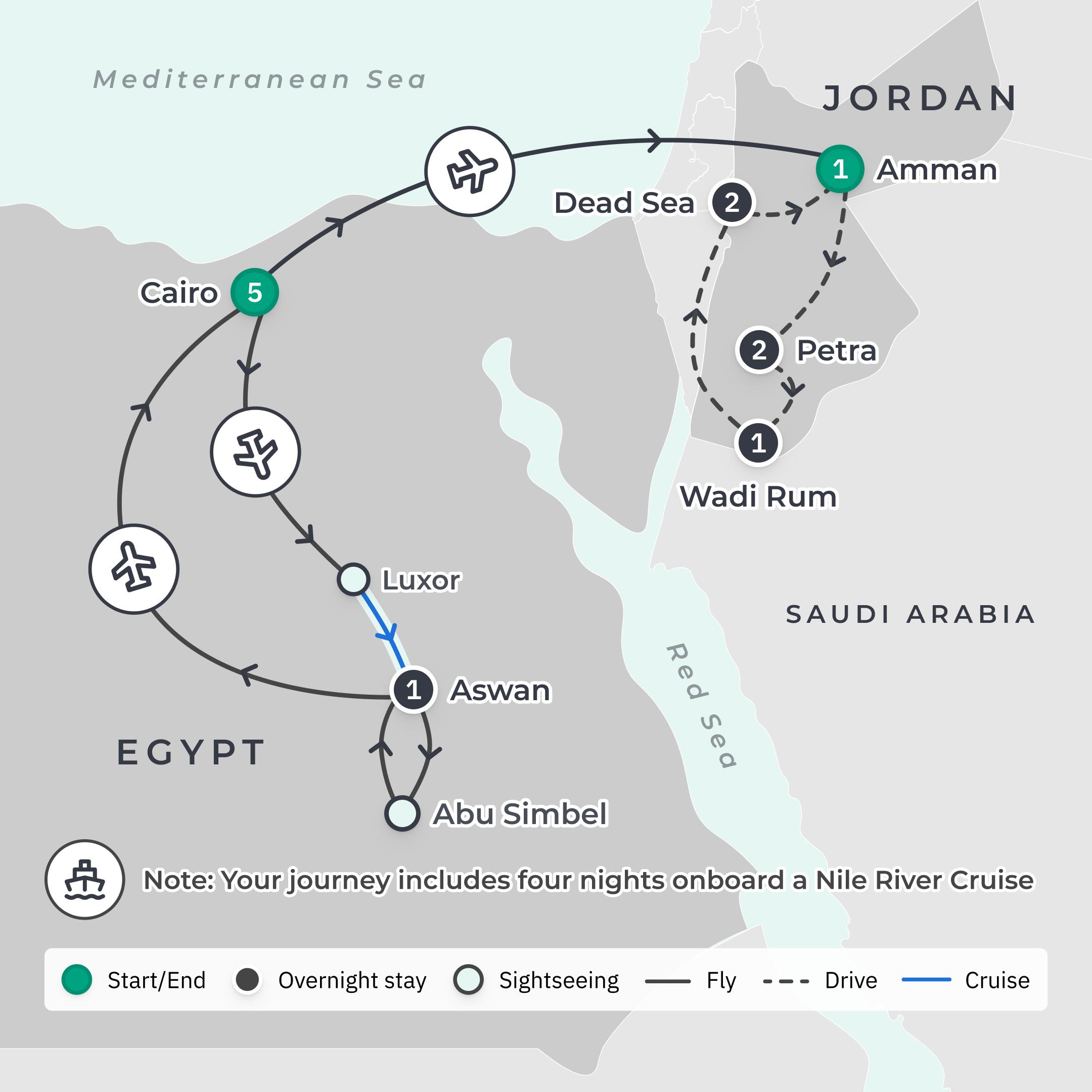Premium 17-Day Egypt & Jordan Opulence 2026 with Abu Simbel, Petra & Wadi Rum Glamping route map