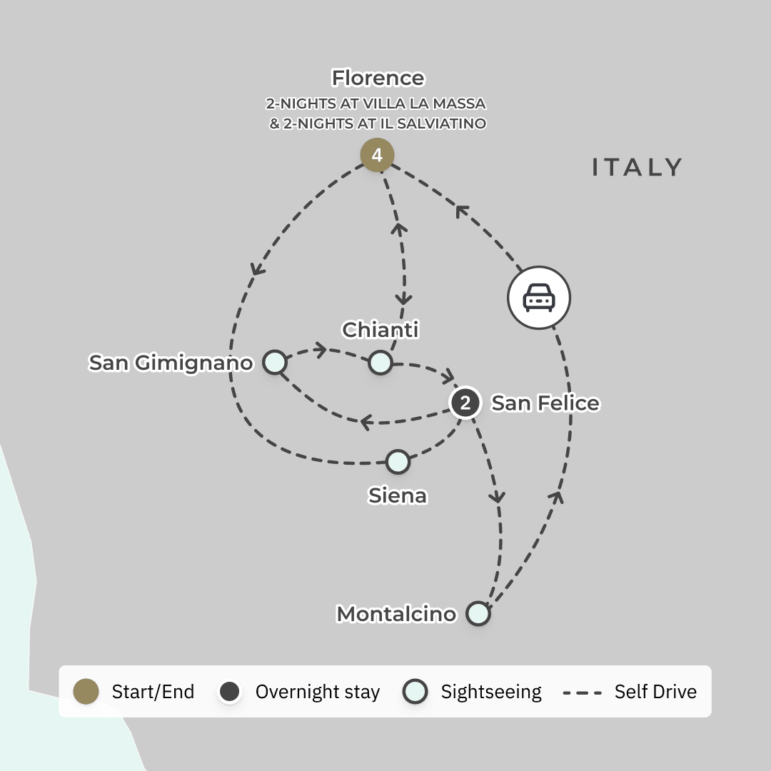 7-Day Ultimate Luxury Tuscany Supercar Driving Tour 2026 route map