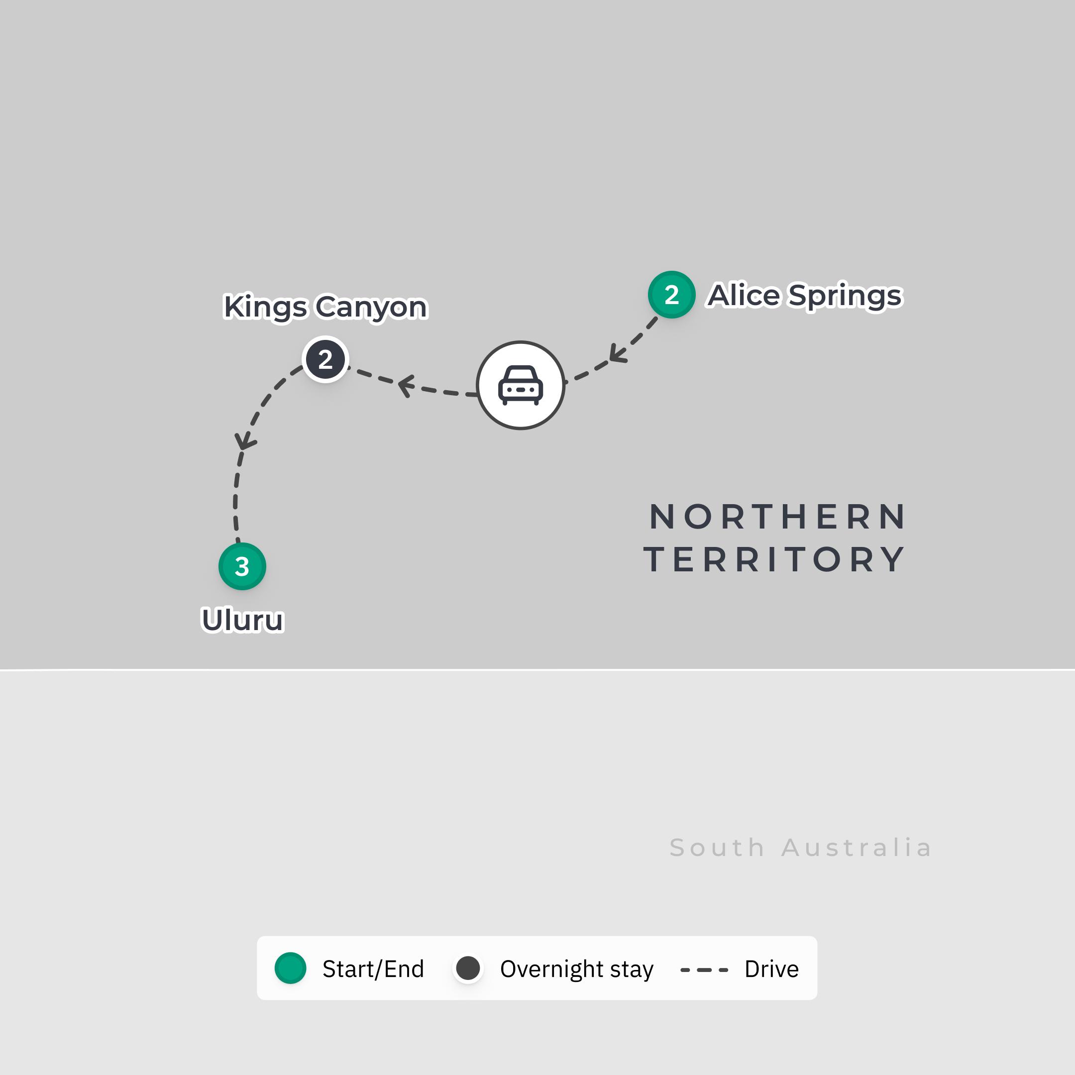 Australia 8-Day Red Centre Explorer 2026 with Uluru, Kings Canyon, Field of Light & Sounds of Silence Dinner route map