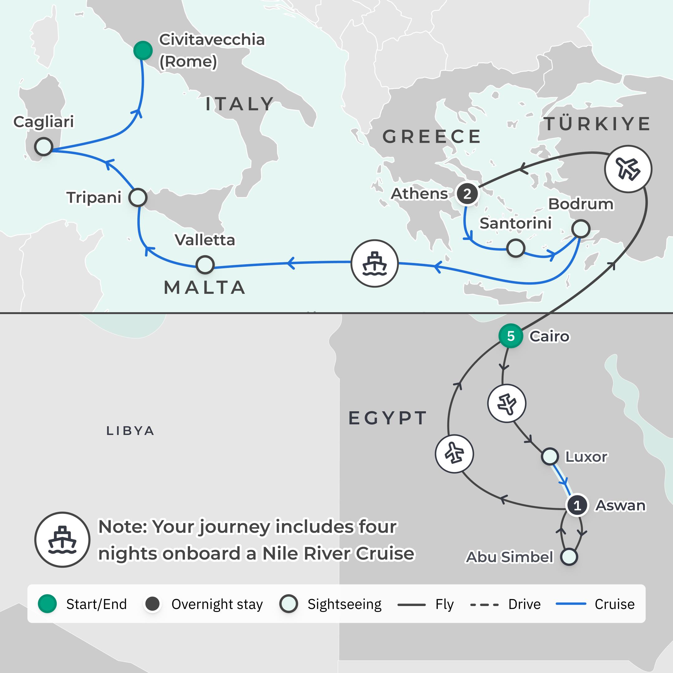  Limited Time Offer: 11-Day Premium Egypt Highlights Tour + 7-Night Ultra Lux Crystal Serenity Mediterranean Cruise route map