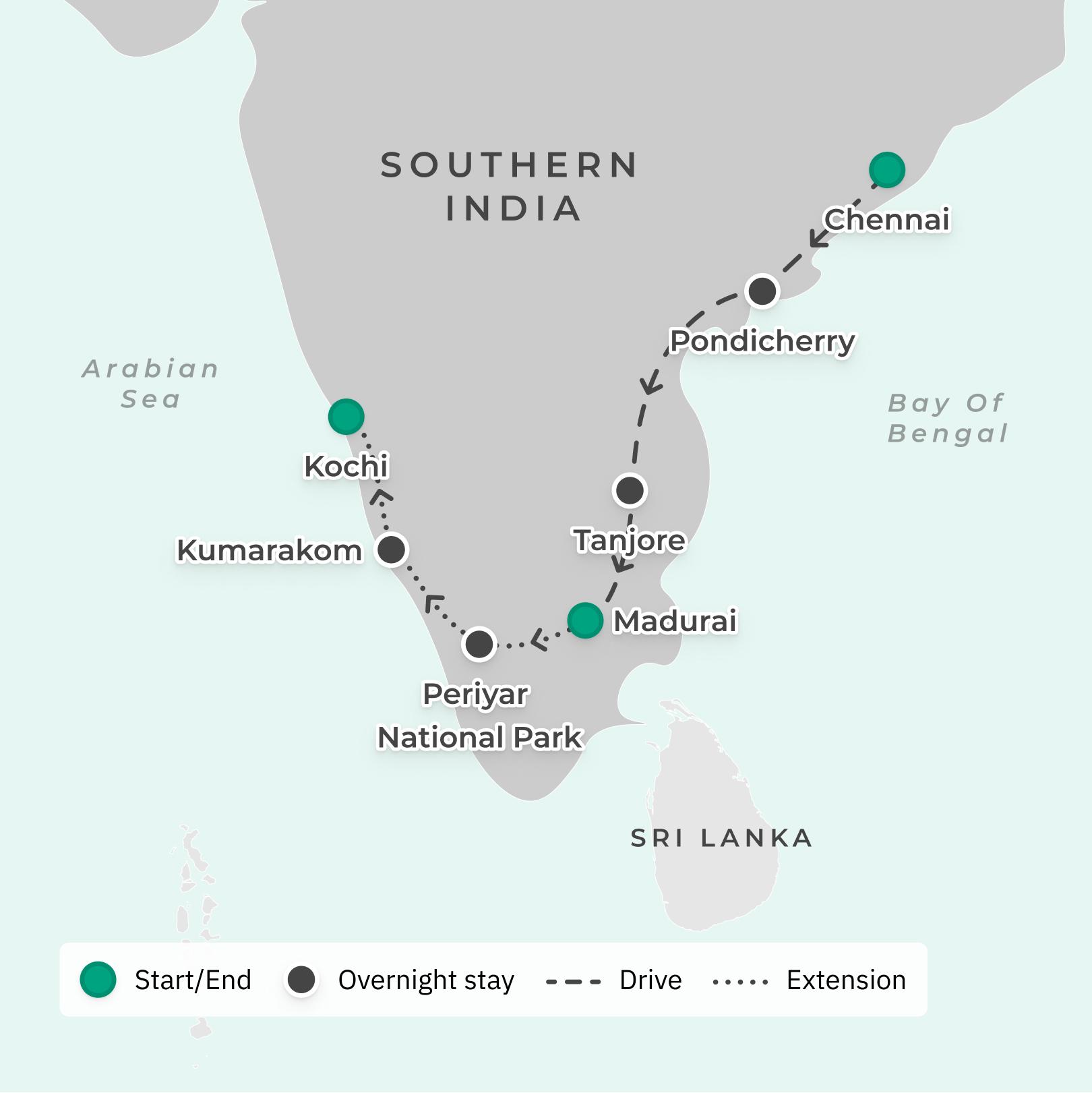 Southern India: 10-Day Luxury Small-Group Tour from Chennai to Madurai with UNESCO World Heritage-Listed Sites & Gourmet Dining route map