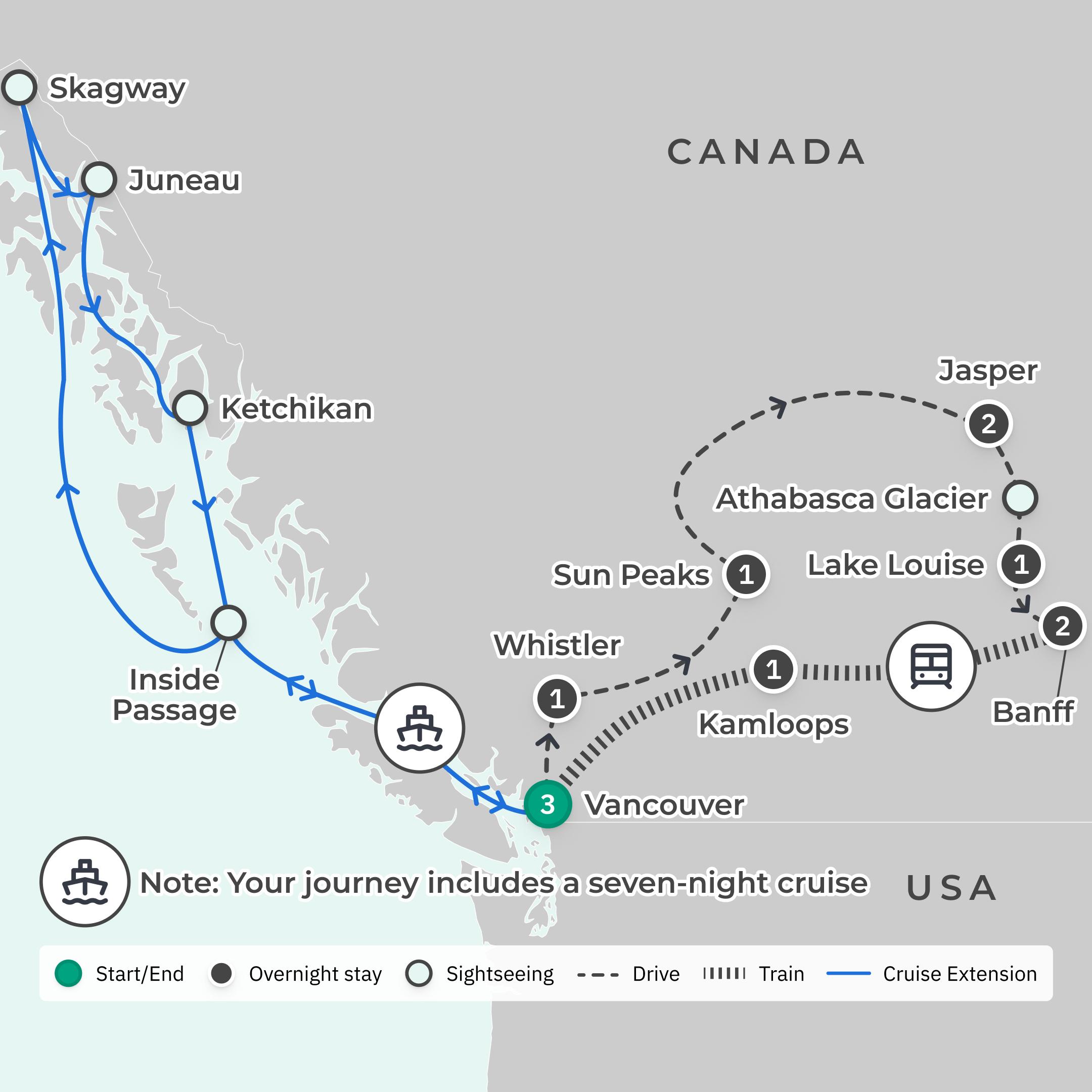 Deluxe 19-Day Canada & Alaska Rail & Sail with Rocky Mountaineer & Inside Passage Cruise route map