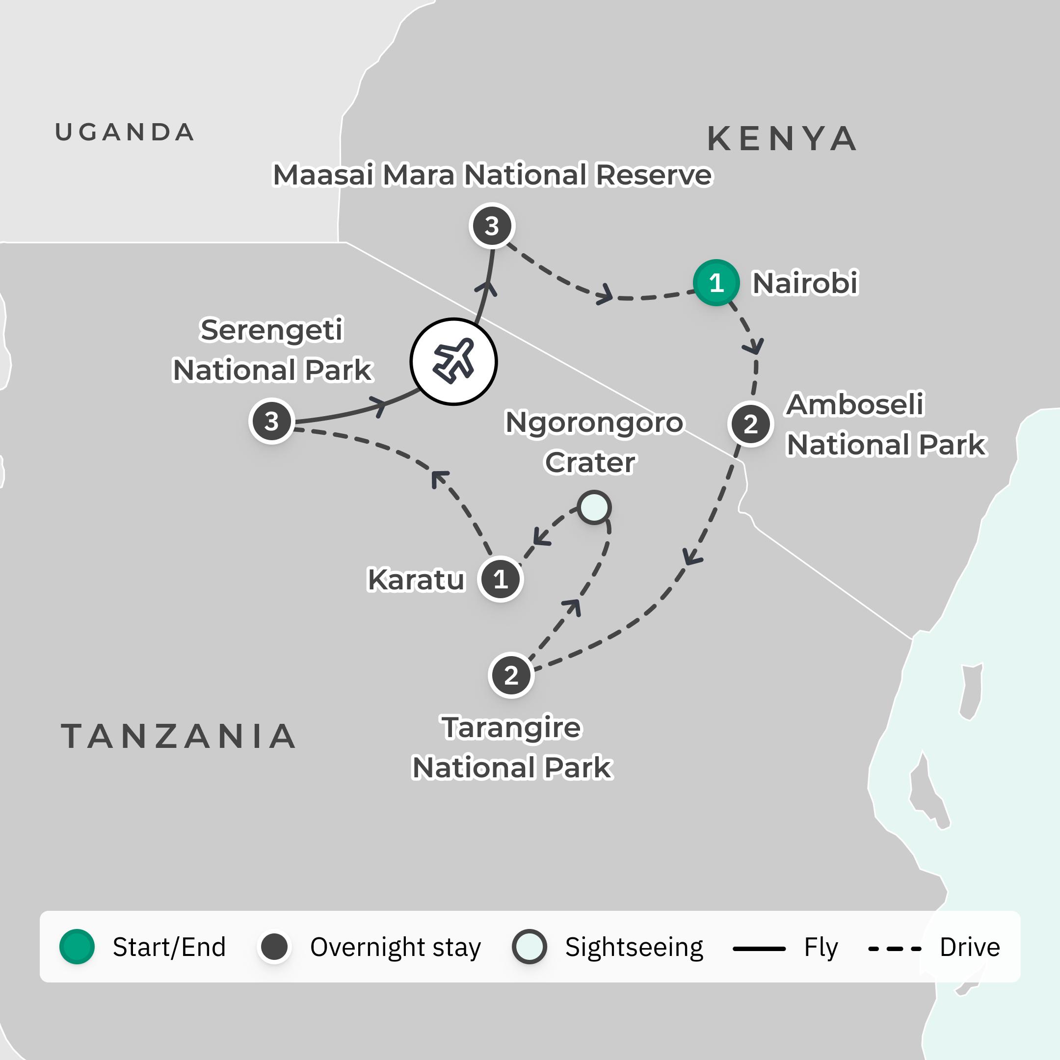 Deluxe 13-Day Kenya & Tanzania Great Migration Safari 2027 with Maasai Mara & Serengeti National Parks  route map