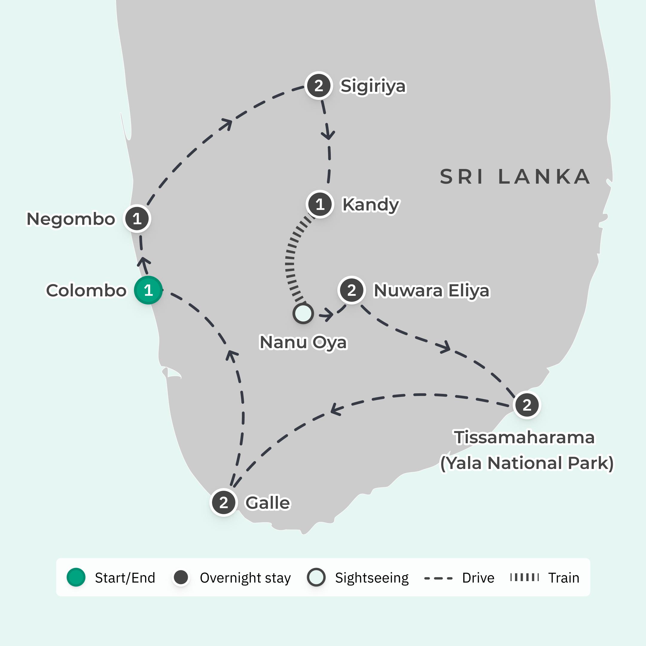 Deluxe 12-Day Best of Sri Lanka 2026 with Dambulla, Kandy & Five-Star Galle Stay route map