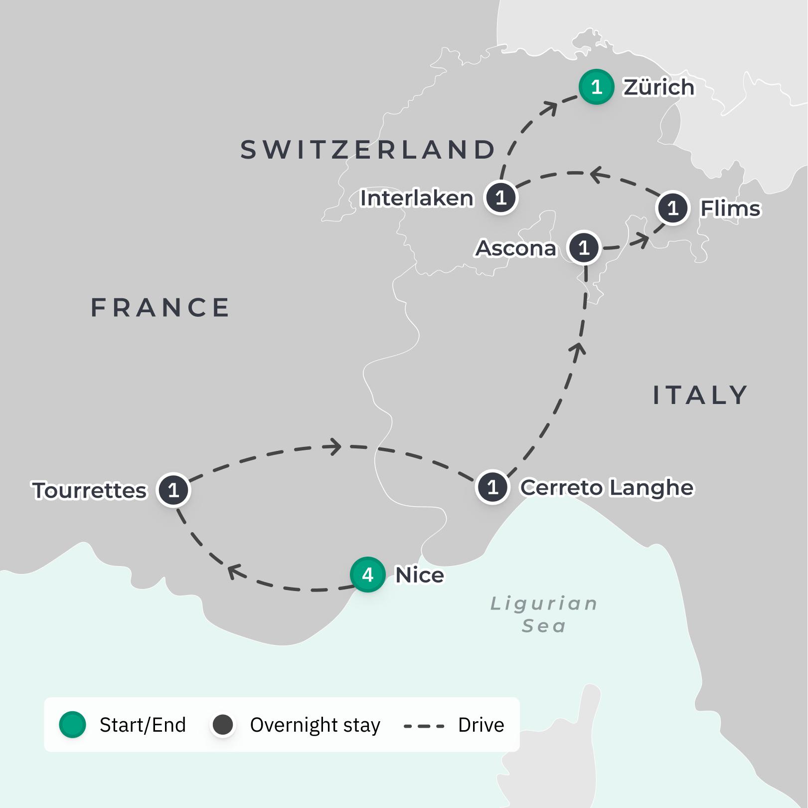 France, Italy, Switzerland: Ultra-Luxe Supercar Self-Driving Tour with Monaco Grand Prix Superyacht, Five-Star Stays & Michelin-Star Dining route map