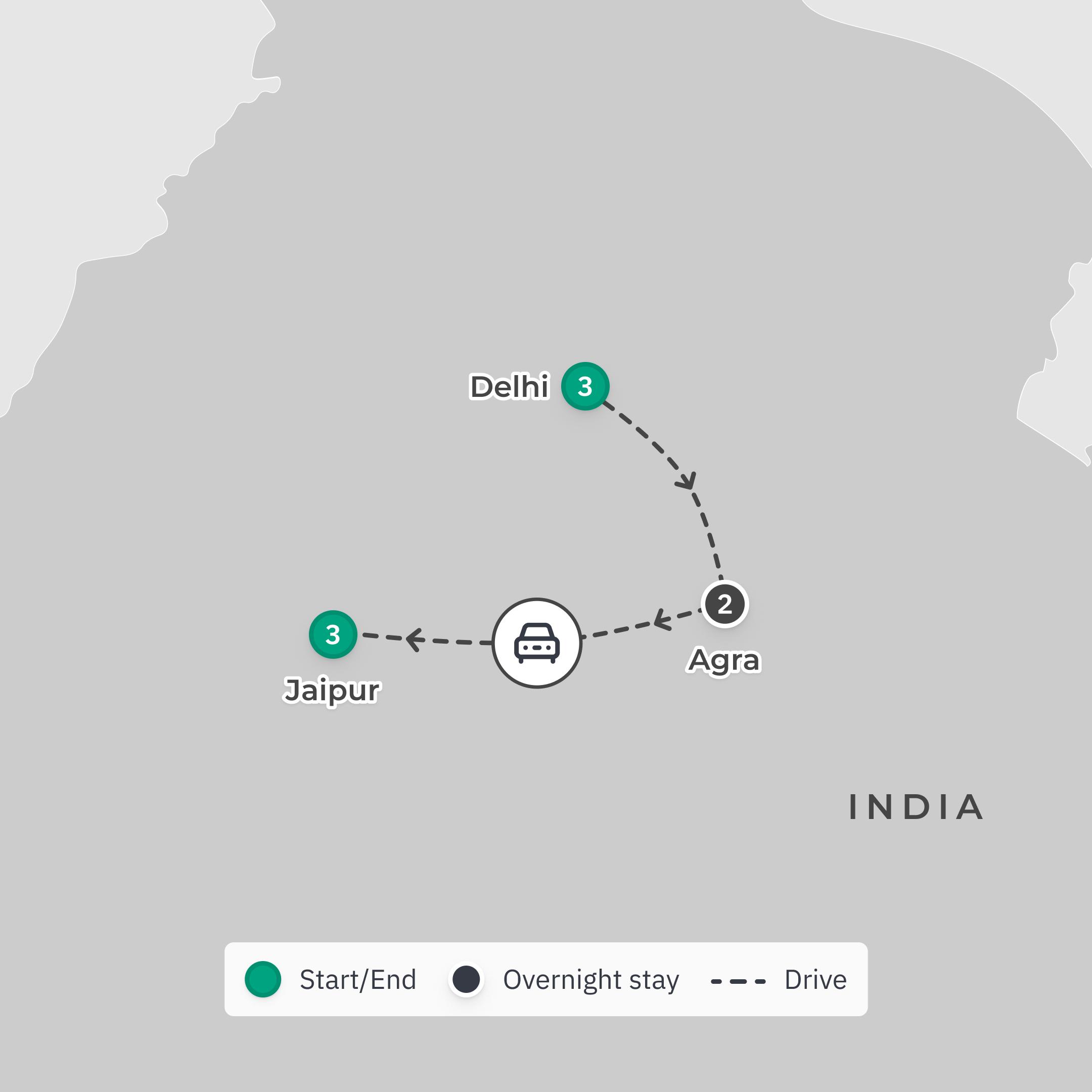 Ultra Lux 9-Day India Private Oberoi Tour with Delhi, Agra & Jaipur route map