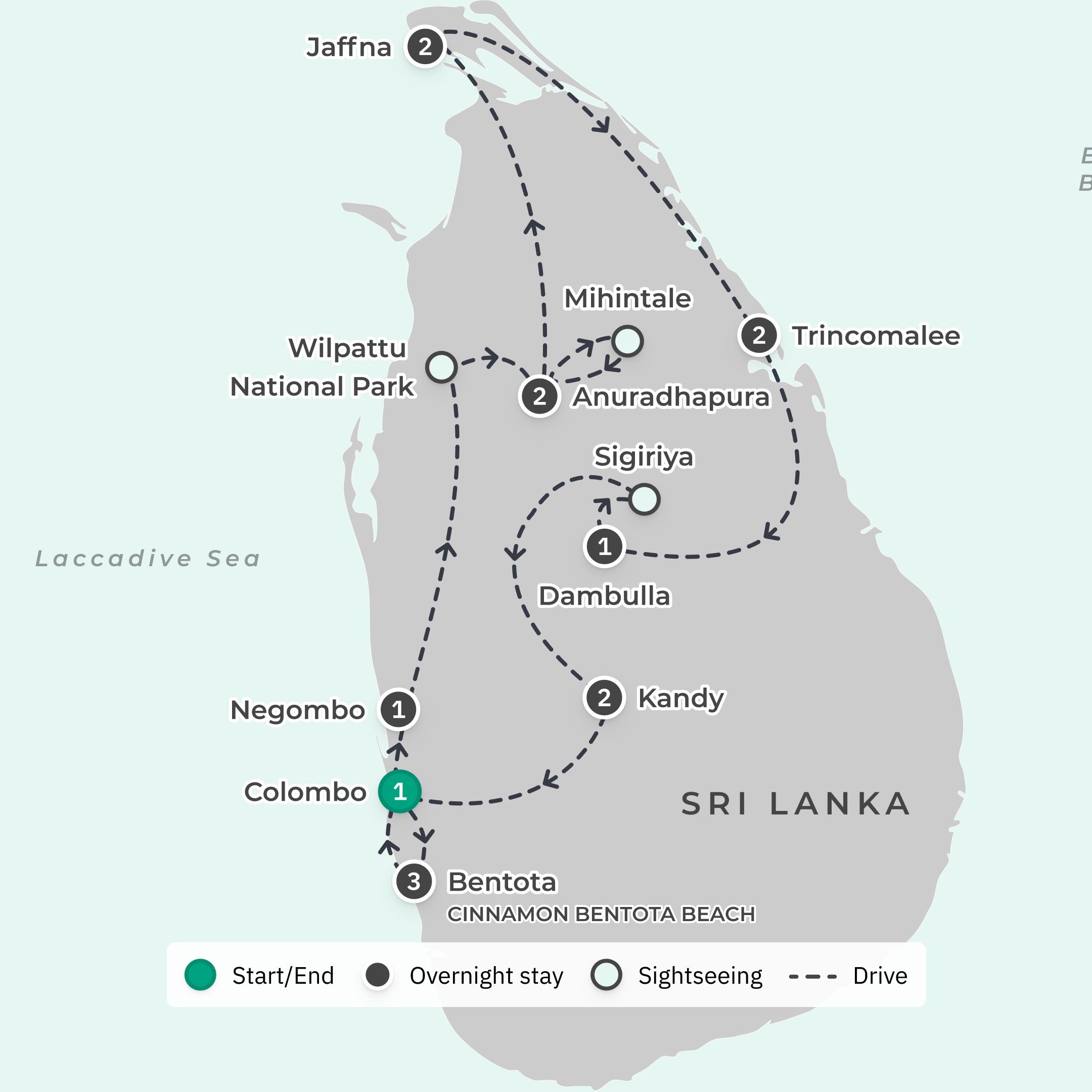 Limited Time Offer: Deluxe 12-Day Discover Northern Sri Lanka with BONUS 3-Night Cinnamon Bentota Beach Stay  route map