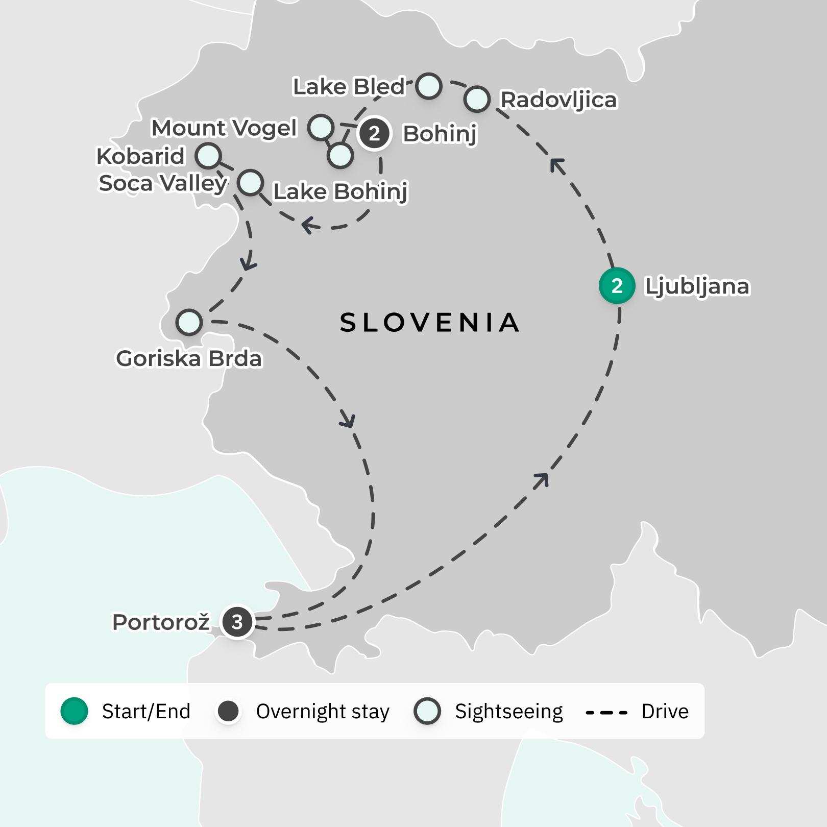 Slovenia: 8-Day Small-Group Tour from Ljubljana with Lake Bled Cruise, Goriska Brda Wine Tasting & Culinary Walking Tour route map